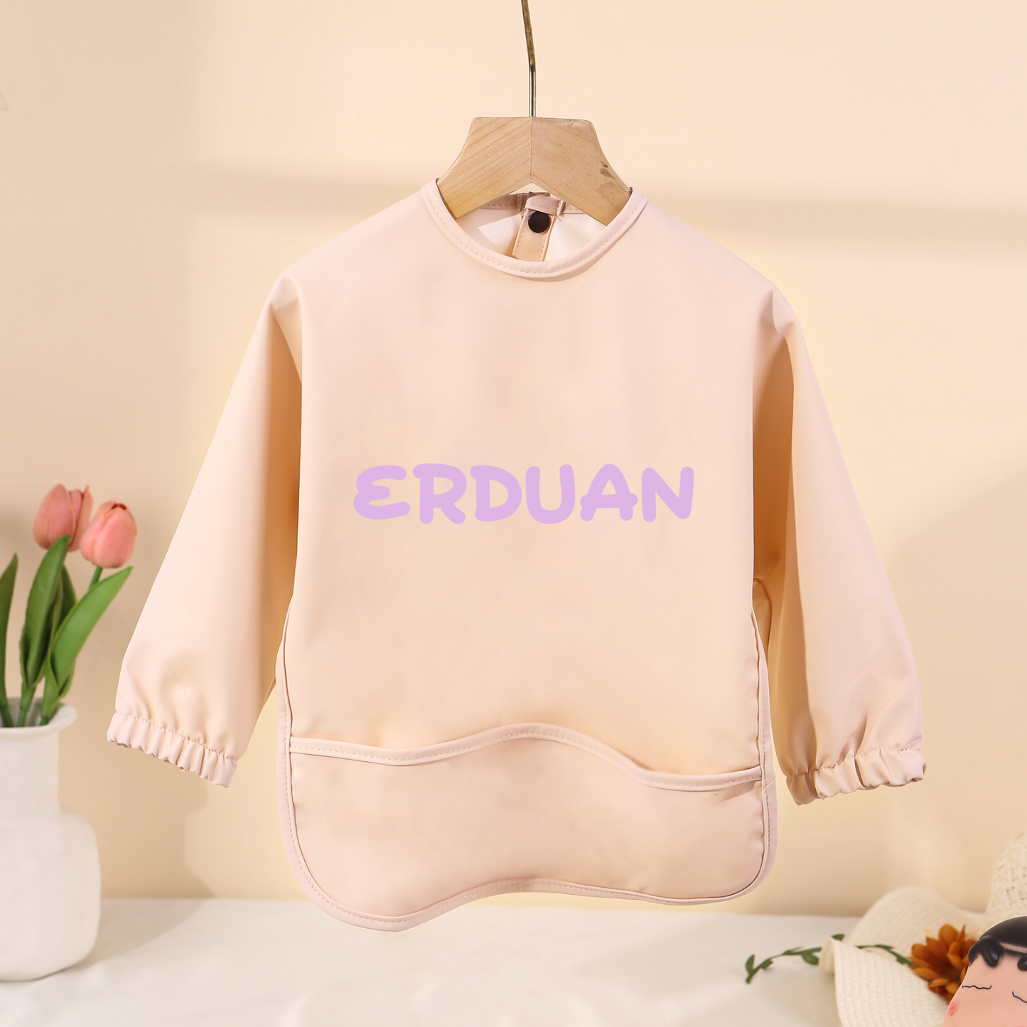 Personalised Baby Bibs Waterproof PU Feeding Bibs with Long Sleeves Large Pocket Gift for Her