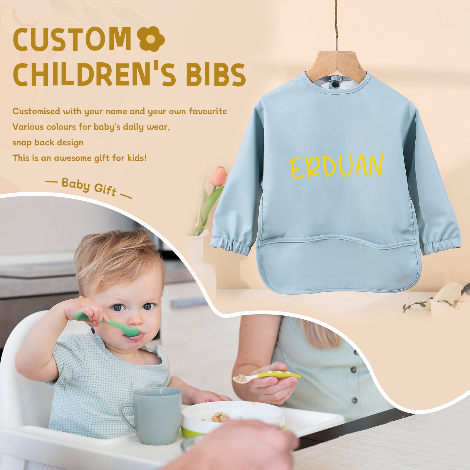 Personalised Baby Bibs Waterproof PU Feeding Bibs with Long Sleeves Large Pocket Gift for Her