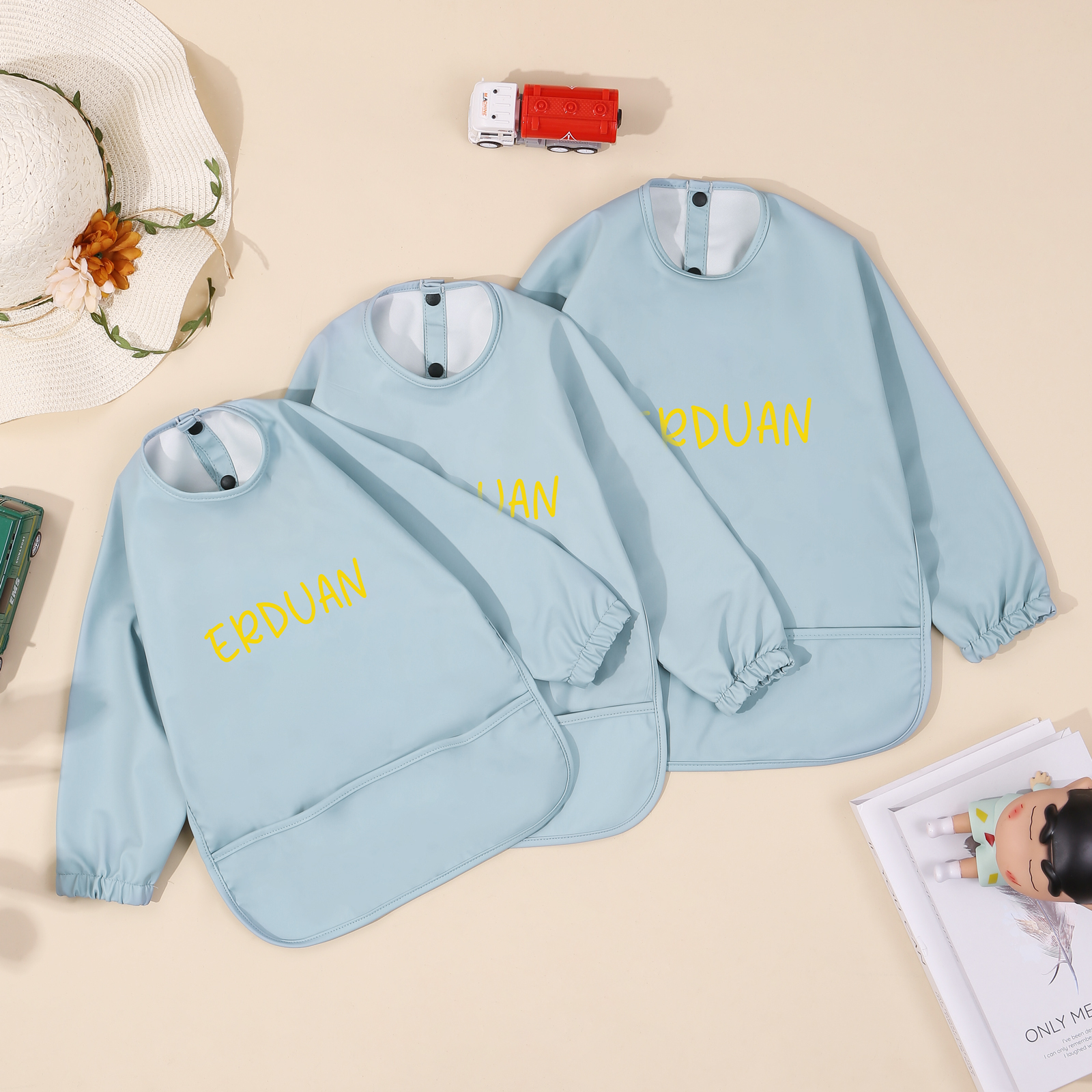 Personalised Baby Bibs Waterproof PU Feeding Bibs with Long Sleeves Large Pocket Gift for Her