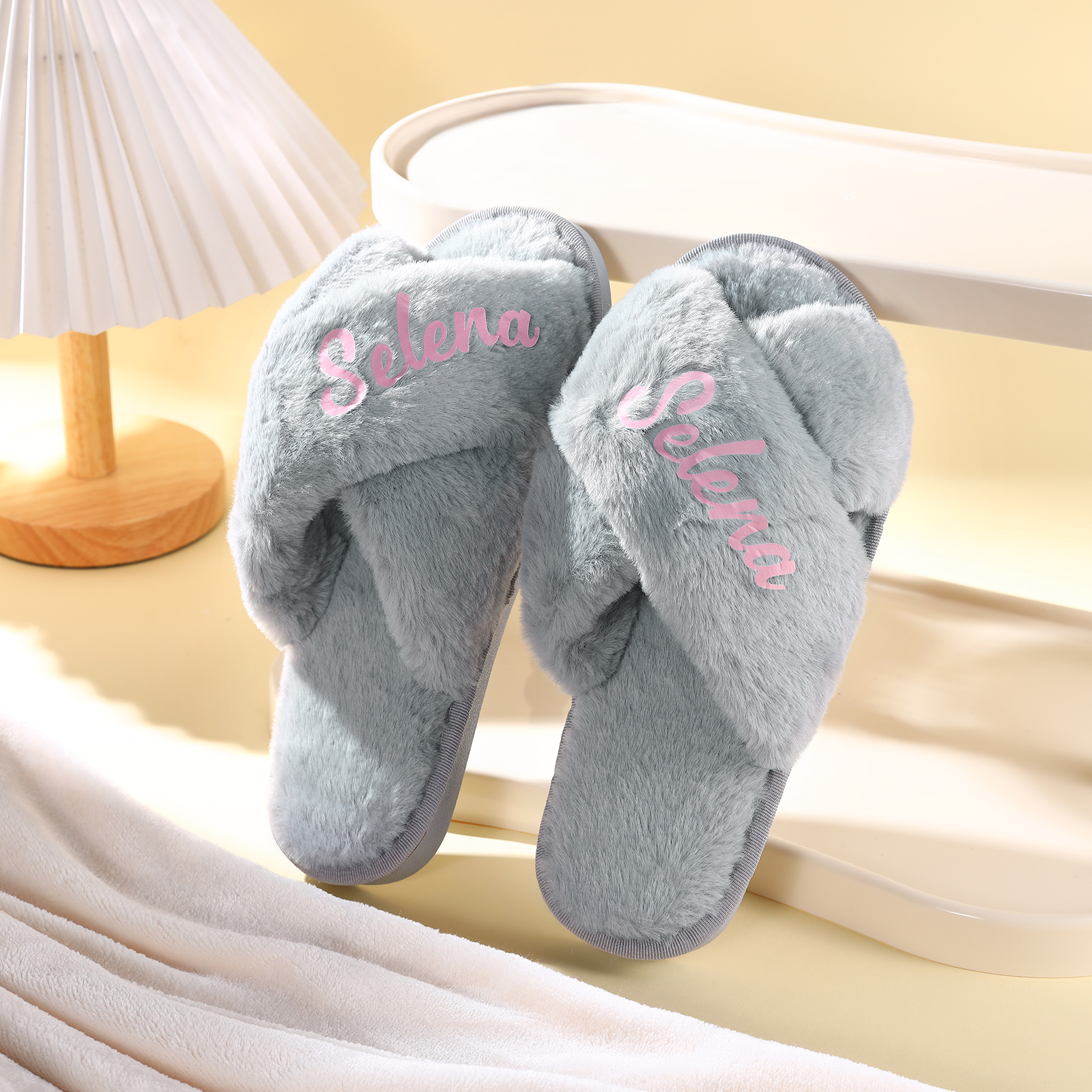 Personalised Soft House Slippers Custom Name Fluffy Slippers Gift for Her