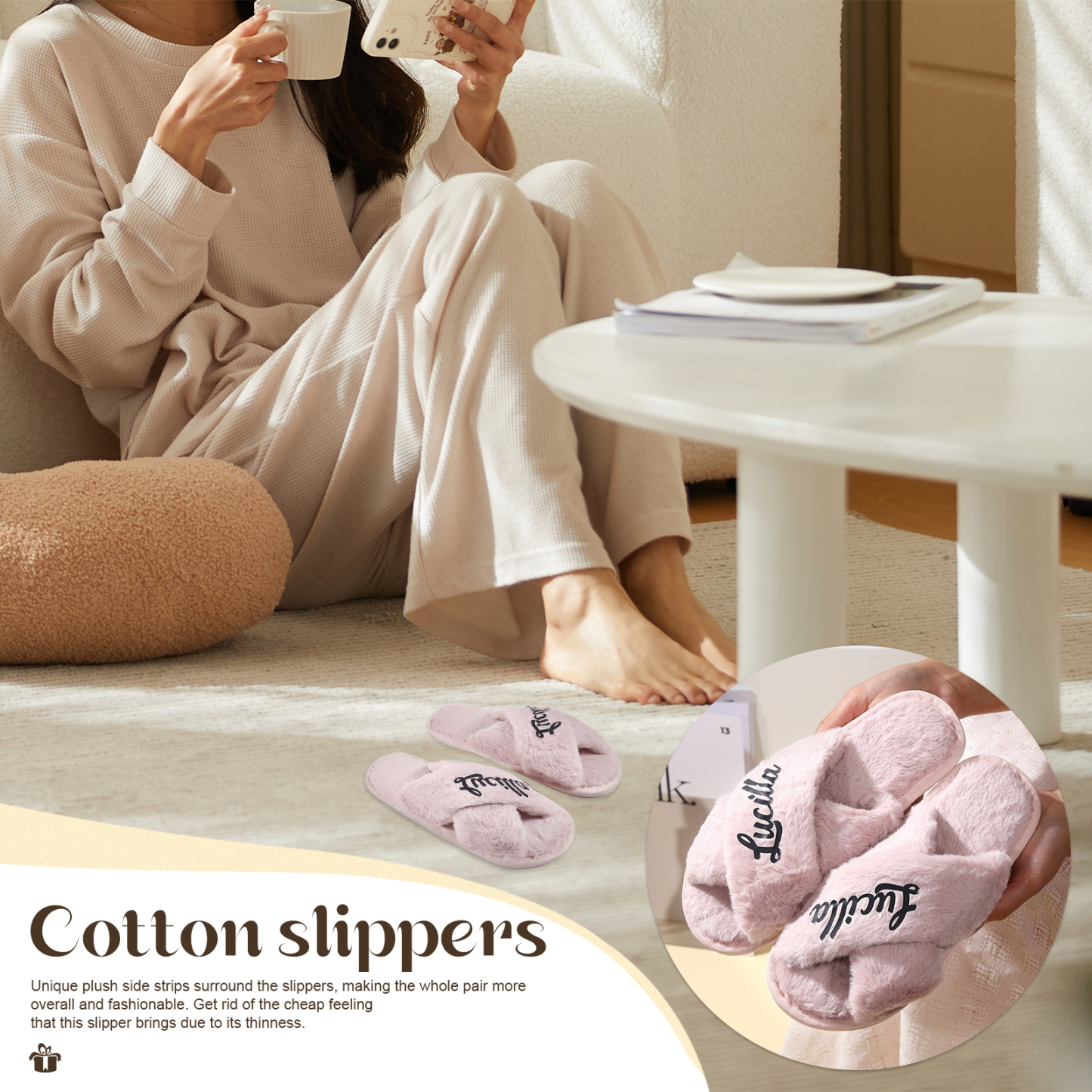 Personalised Soft House Slippers Custom Name Fluffy Slippers Gift for Her