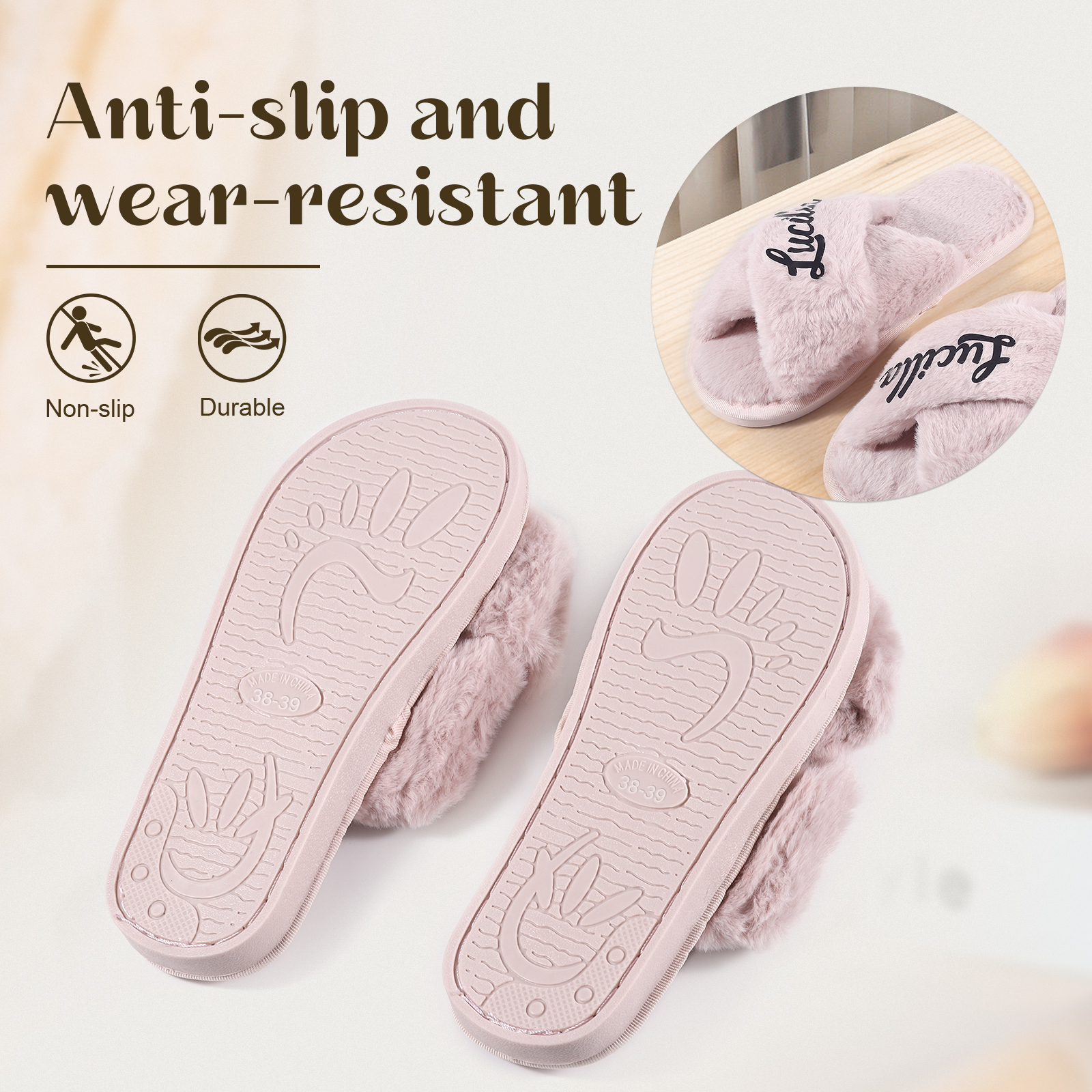 Personalised Soft House Slippers Custom Name Fluffy Slippers Gift for Her