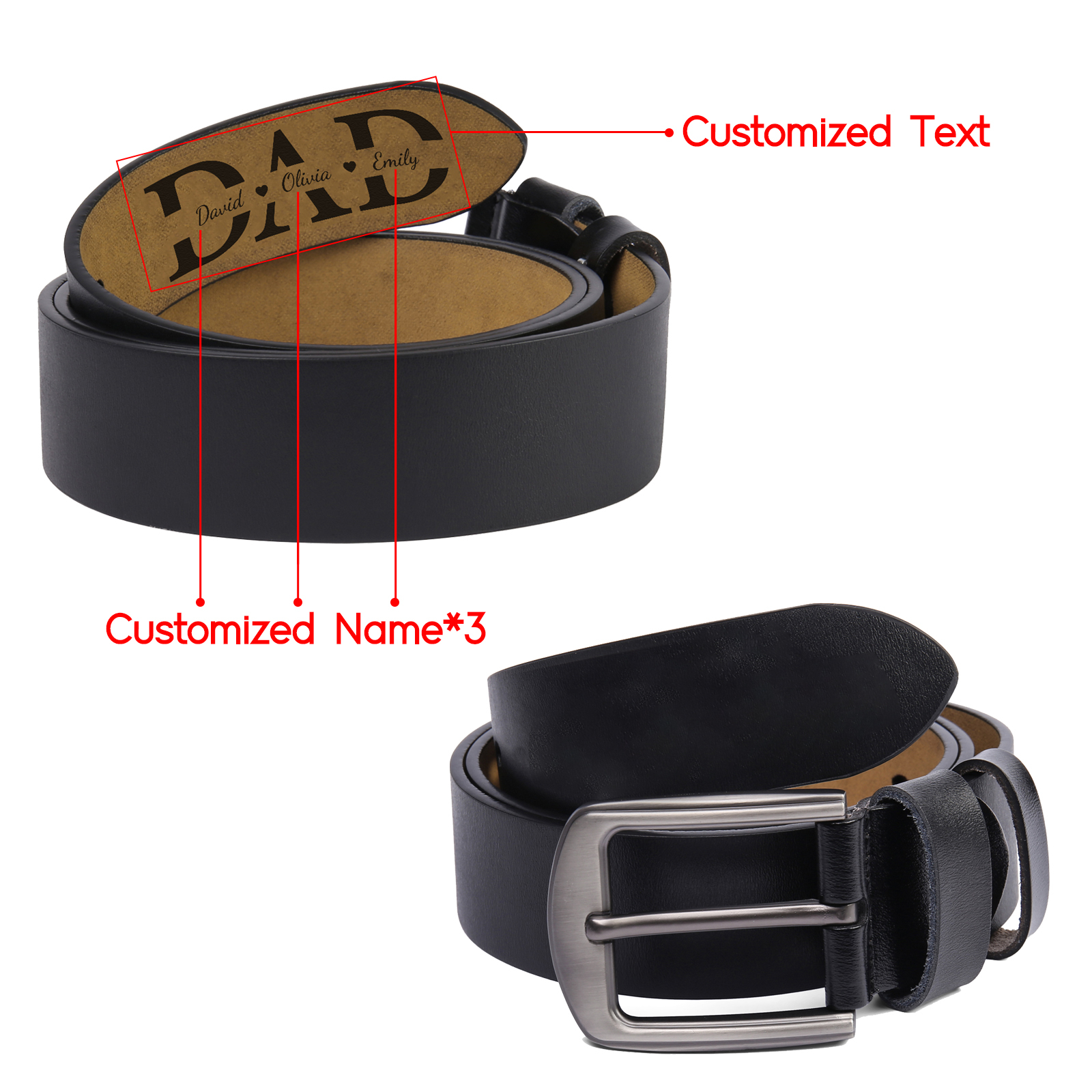 Personalised Leather Belt for Men 2-5 Custom Names Black & Brown Three Length Options