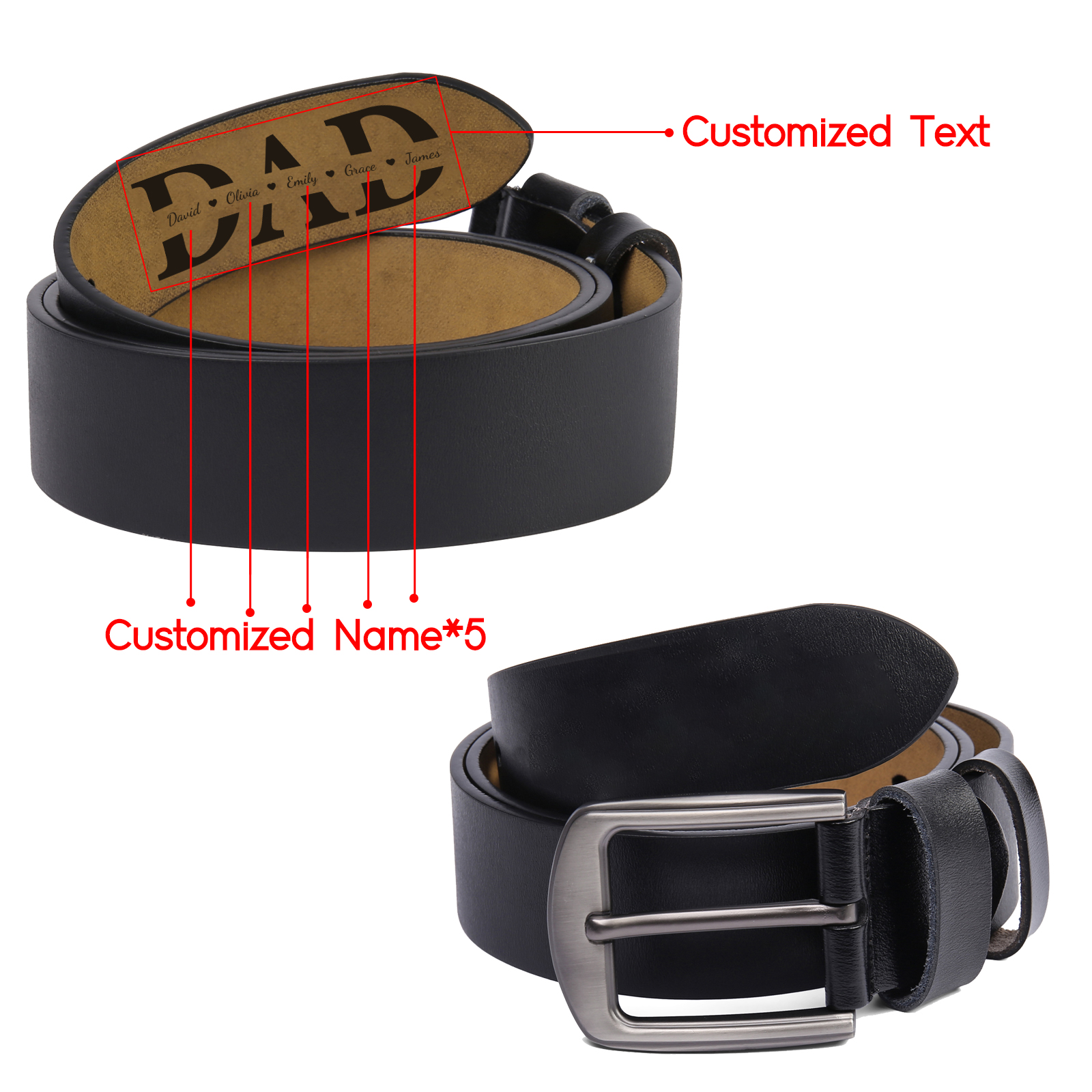 Personalised Leather Belt for Men 2-5 Custom Names Black & Brown Three Length Options