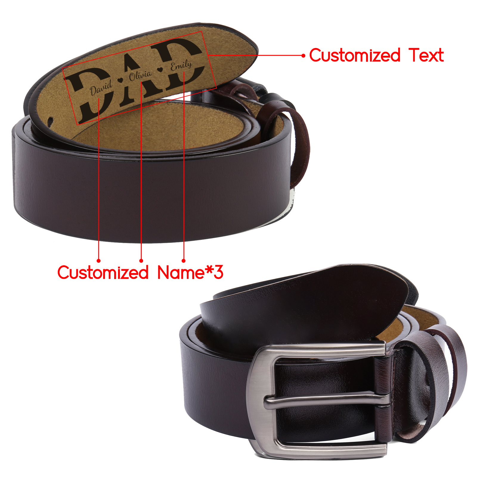 Personalised Leather Belt for Men 2-5 Custom Names Black & Brown Three Length Options
