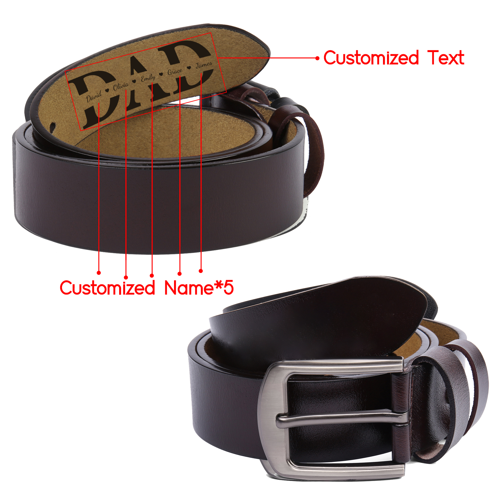 Personalised Leather Belt for Men 2-5 Custom Names Black & Brown Three Length Options