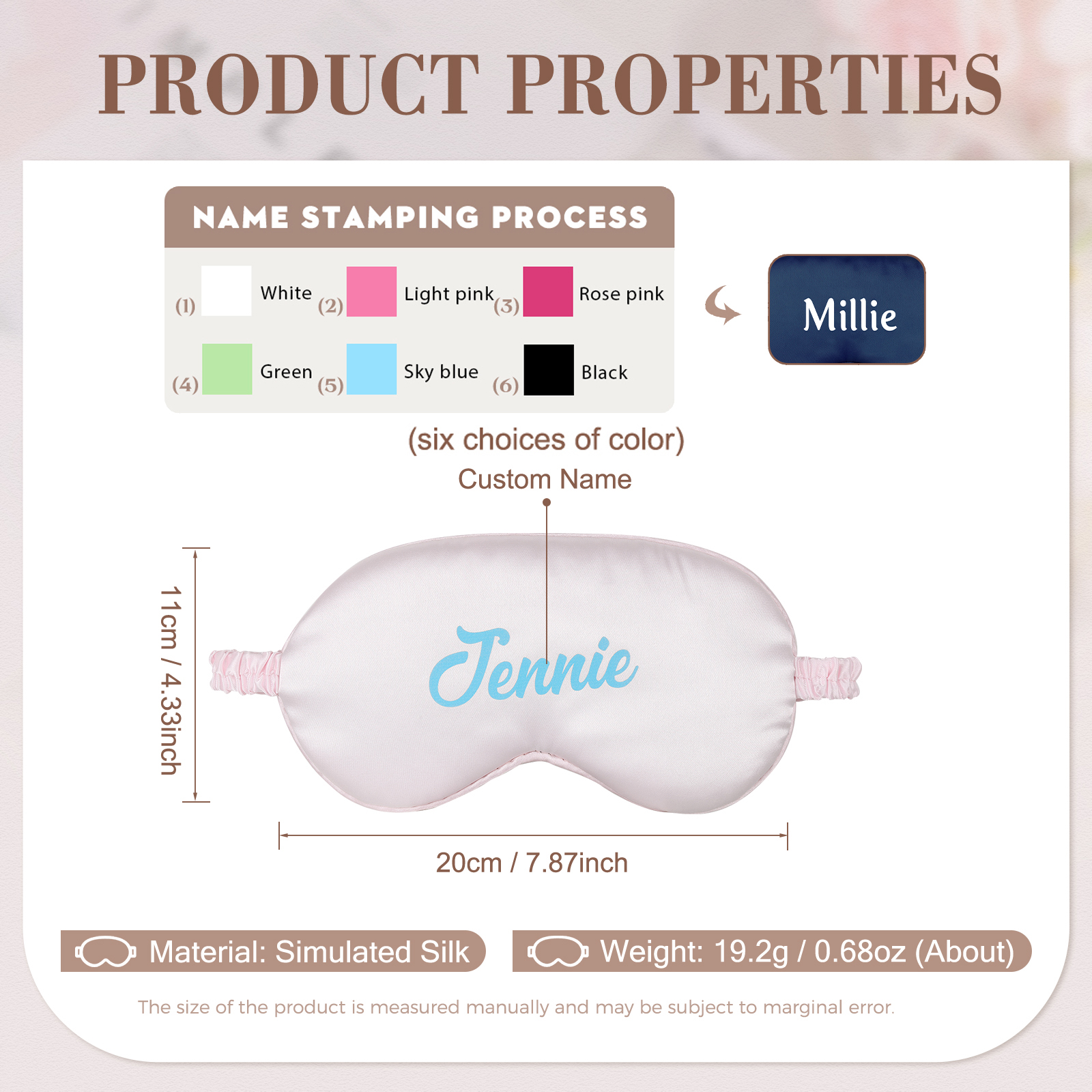 Personalised Light Pink Silk Sleep Mask Elegant Custom Name Eye Mask Six Colour Gift for Her
