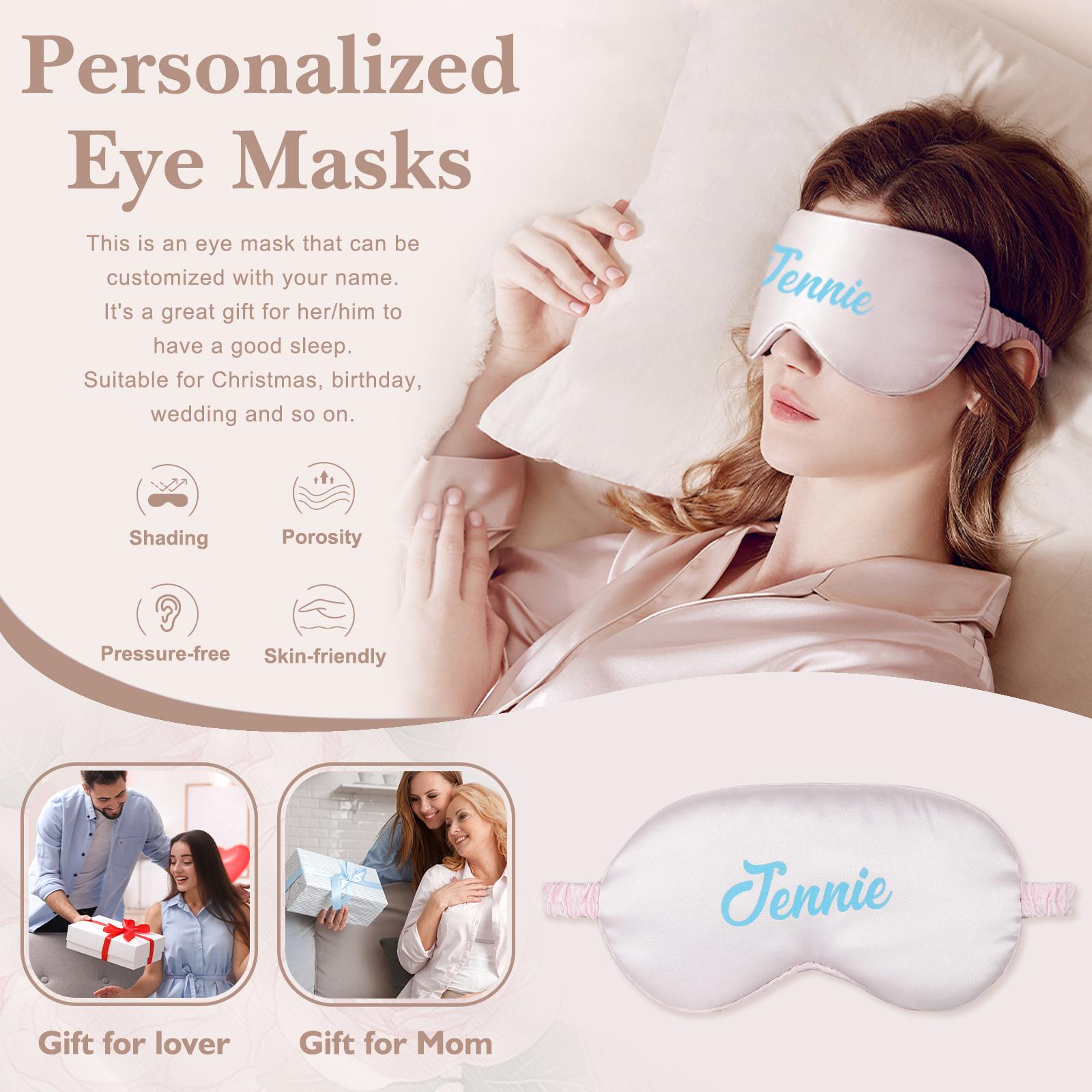 Personalised Light Pink Silk Sleep Mask Elegant Custom Name Eye Mask Six Colour Gift for Her
