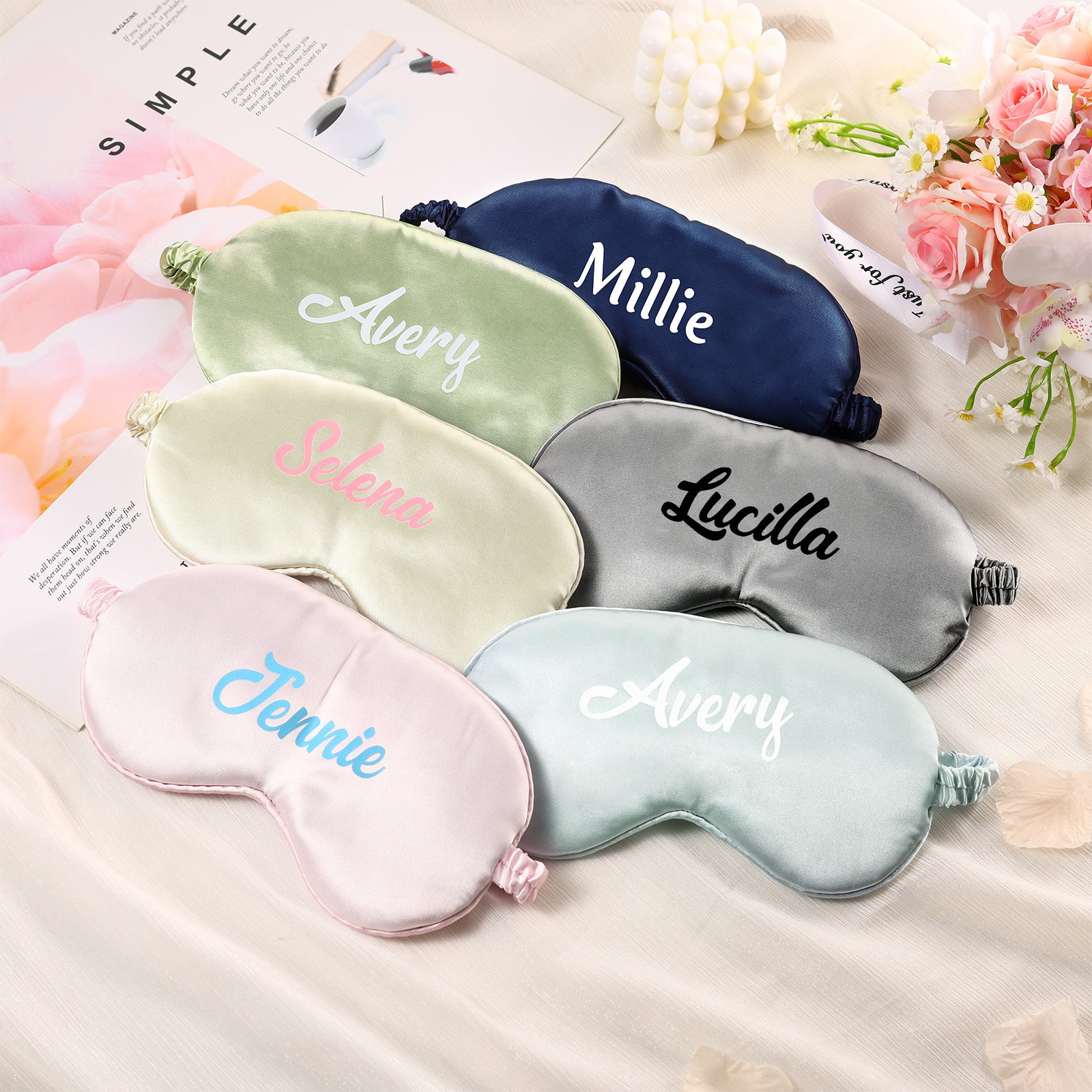Personalised Light Pink Silk Sleep Mask Elegant Custom Name Eye Mask Six Colour Gift for Her
