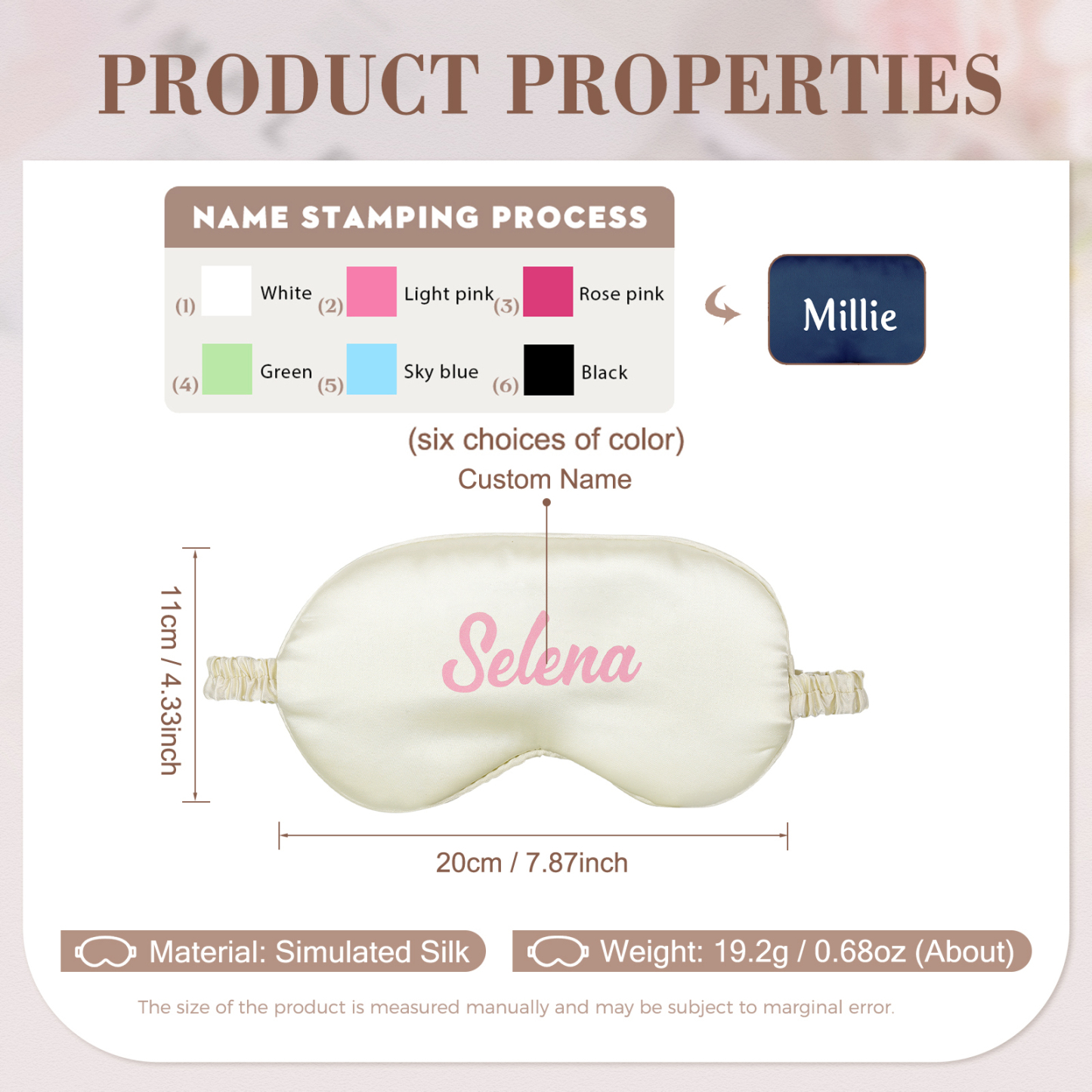 Personalised Light Pink Silk Sleep Mask Elegant Custom Name Eye Mask Six Colour Gift for Her