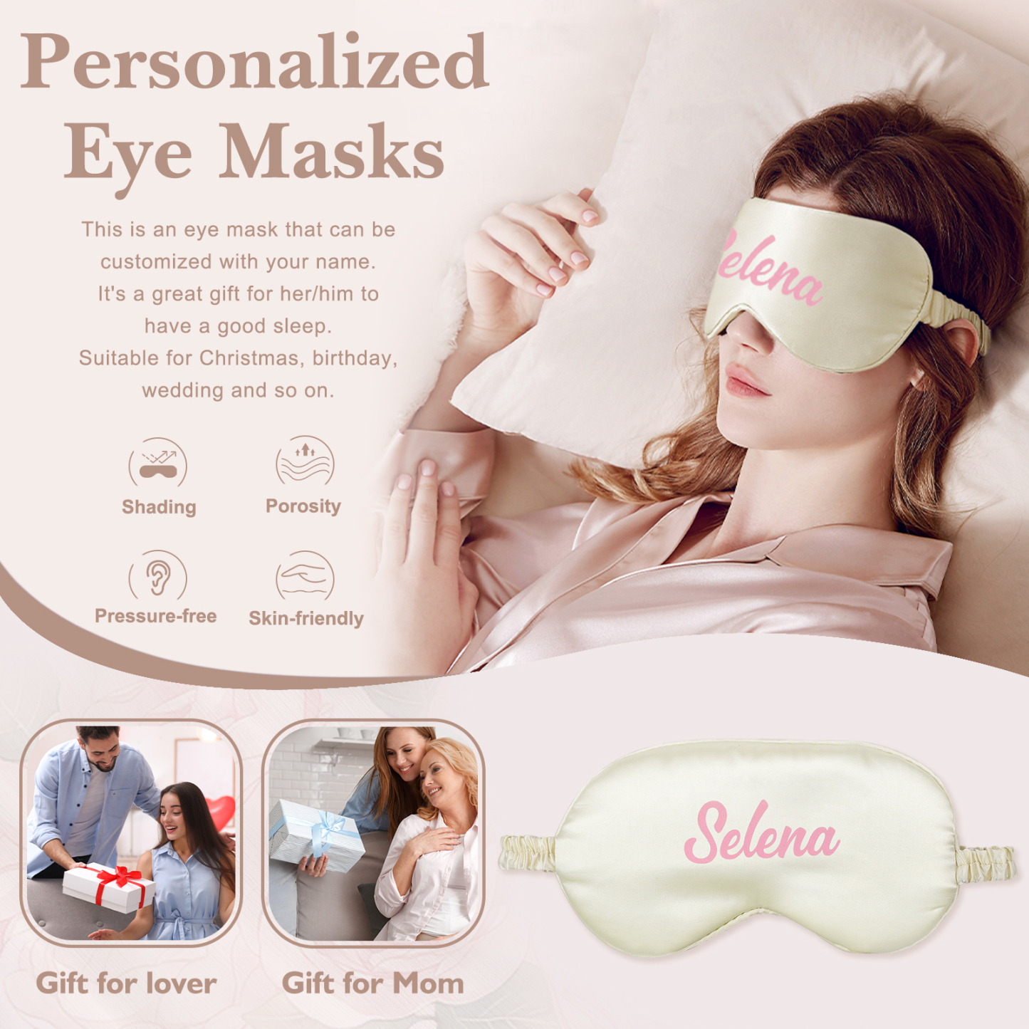 Personalised Light Pink Silk Sleep Mask Elegant Custom Name Eye Mask Six Colour Gift for Her