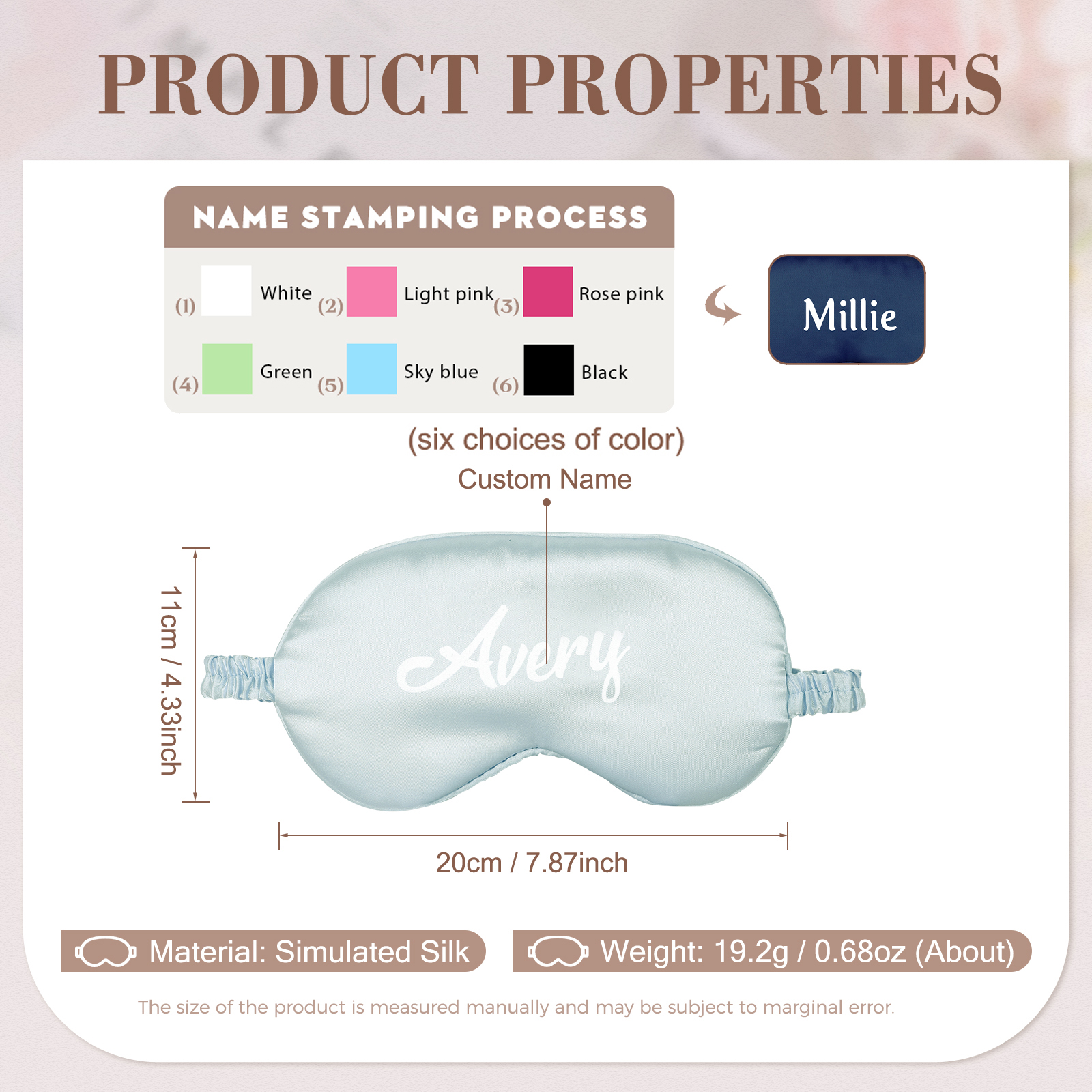 Personalised Light Pink Silk Sleep Mask Elegant Custom Name Eye Mask Six Colour Gift for Her