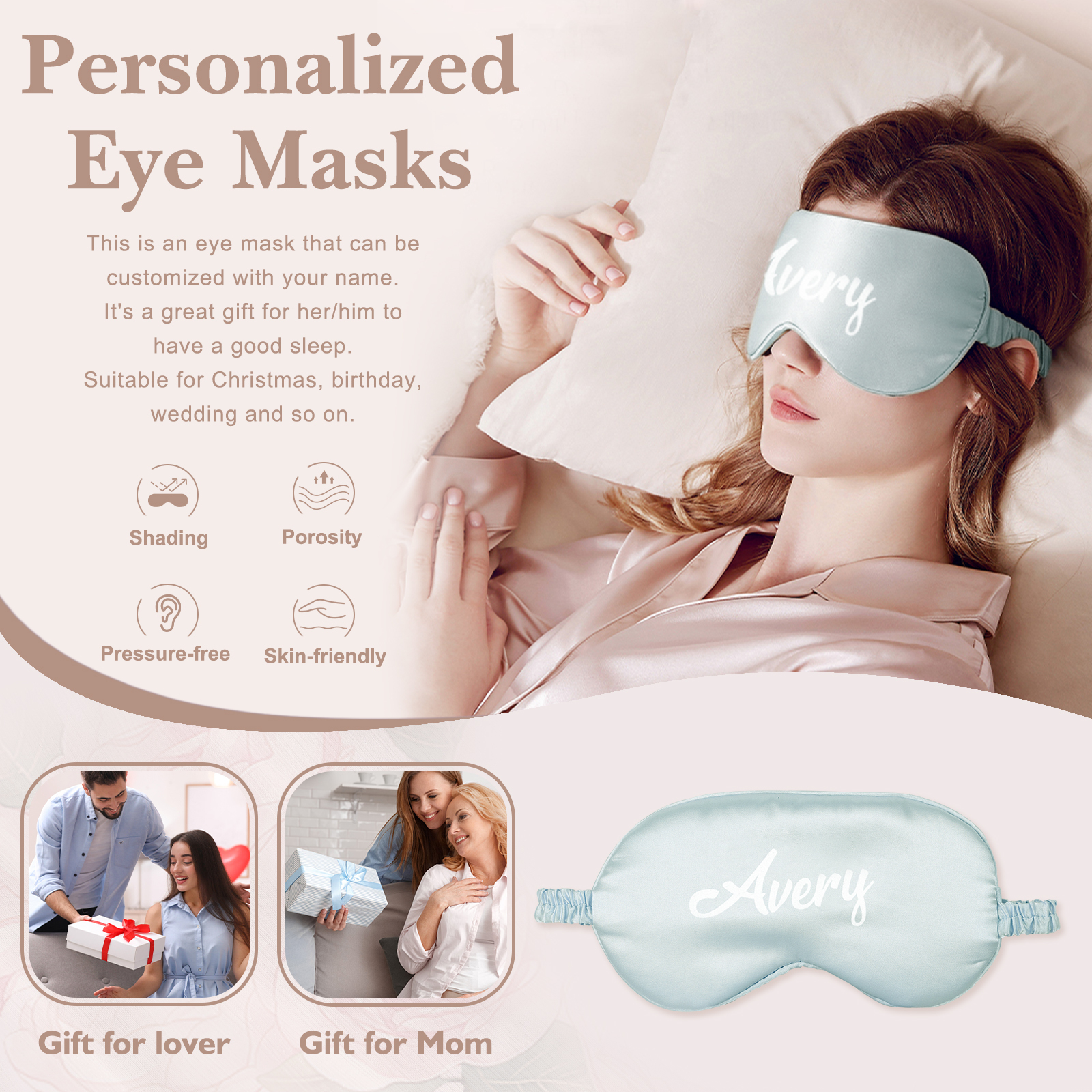 Personalised Light Pink Silk Sleep Mask Elegant Custom Name Eye Mask Six Colour Gift for Her