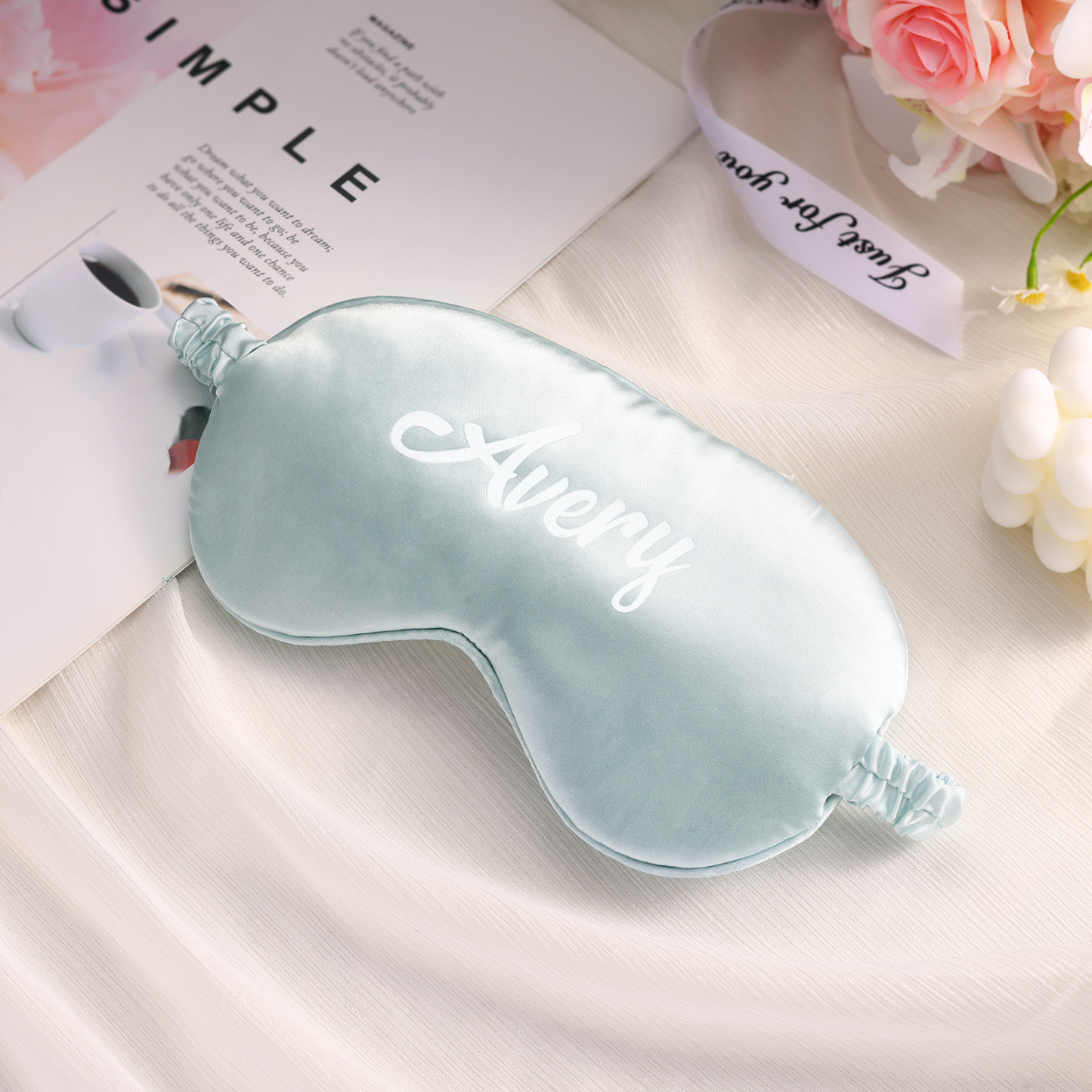 Personalised Light Pink Silk Sleep Mask Elegant Custom Name Eye Mask Six Colour Gift for Her