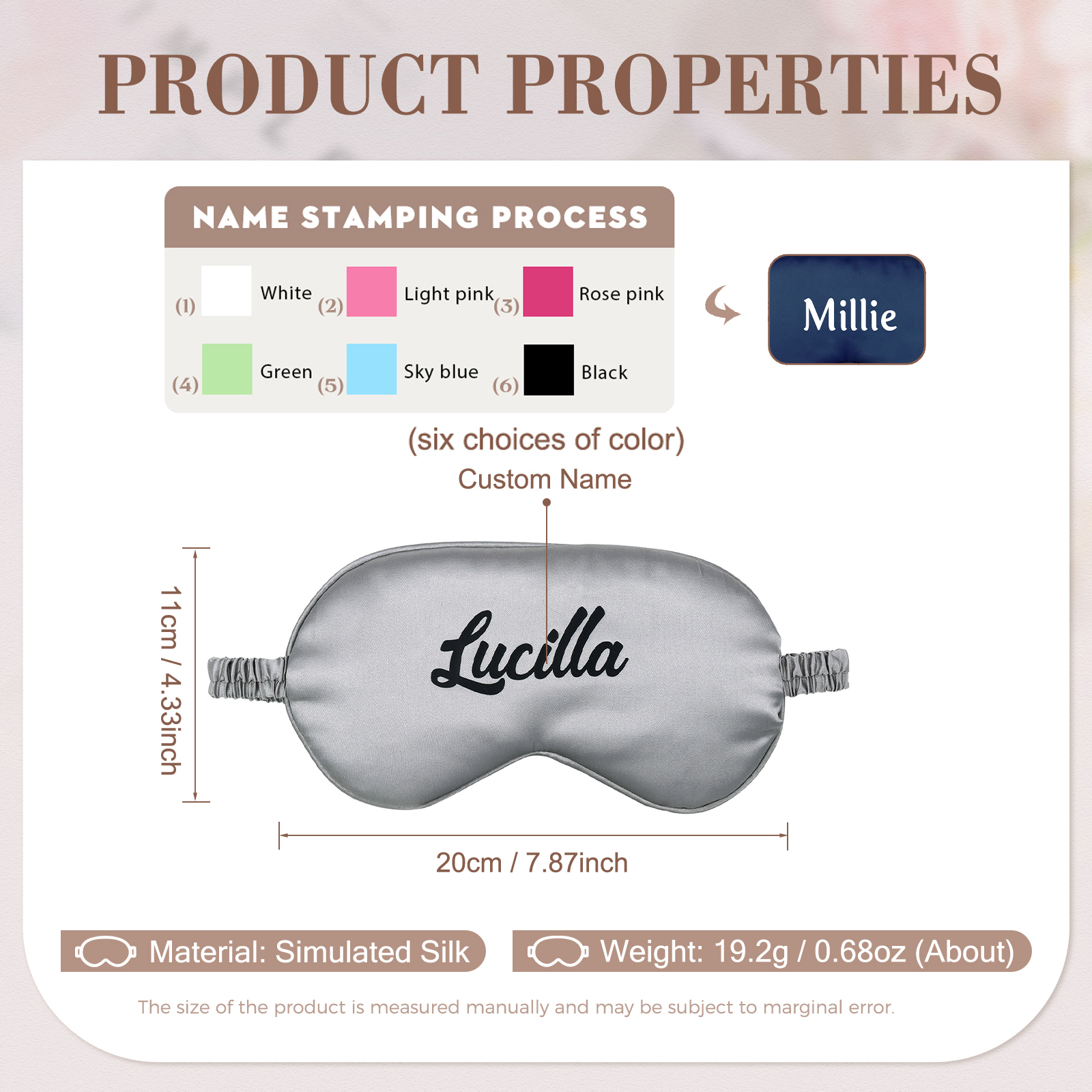 Personalised Light Pink Silk Sleep Mask Elegant Custom Name Eye Mask Six Colour Gift for Her