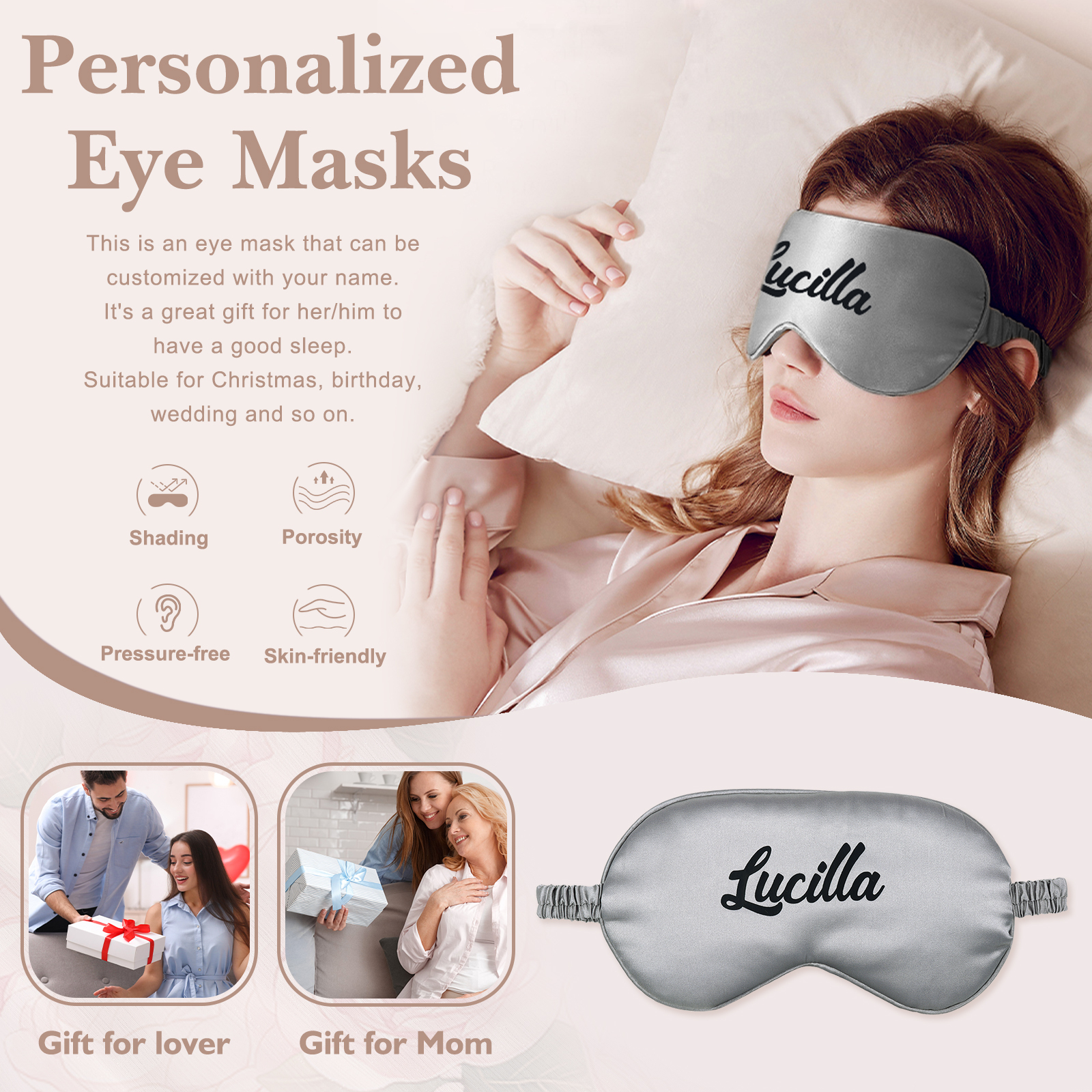 Personalised Light Pink Silk Sleep Mask Elegant Custom Name Eye Mask Six Colour Gift for Her