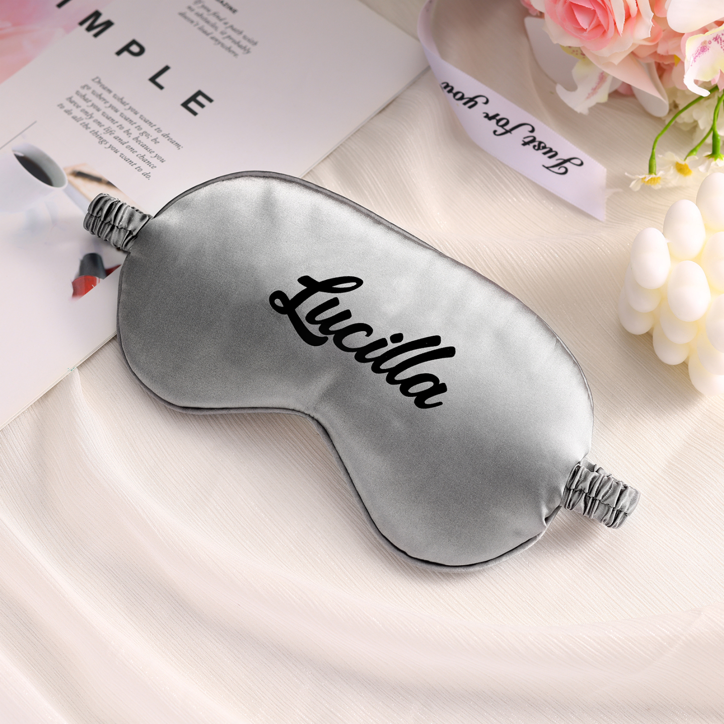 Personalised Light Pink Silk Sleep Mask Elegant Custom Name Eye Mask Six Colour Gift for Her