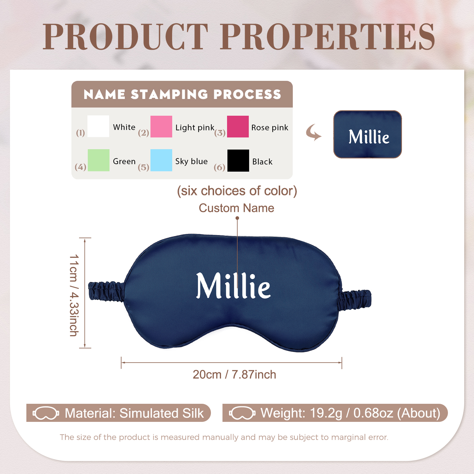 Personalised Light Pink Silk Sleep Mask Elegant Custom Name Eye Mask Six Colour Gift for Her