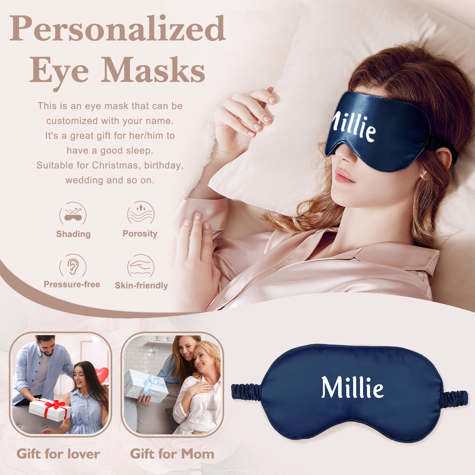 Personalised Light Pink Silk Sleep Mask Elegant Custom Name Eye Mask Six Colour Gift for Her