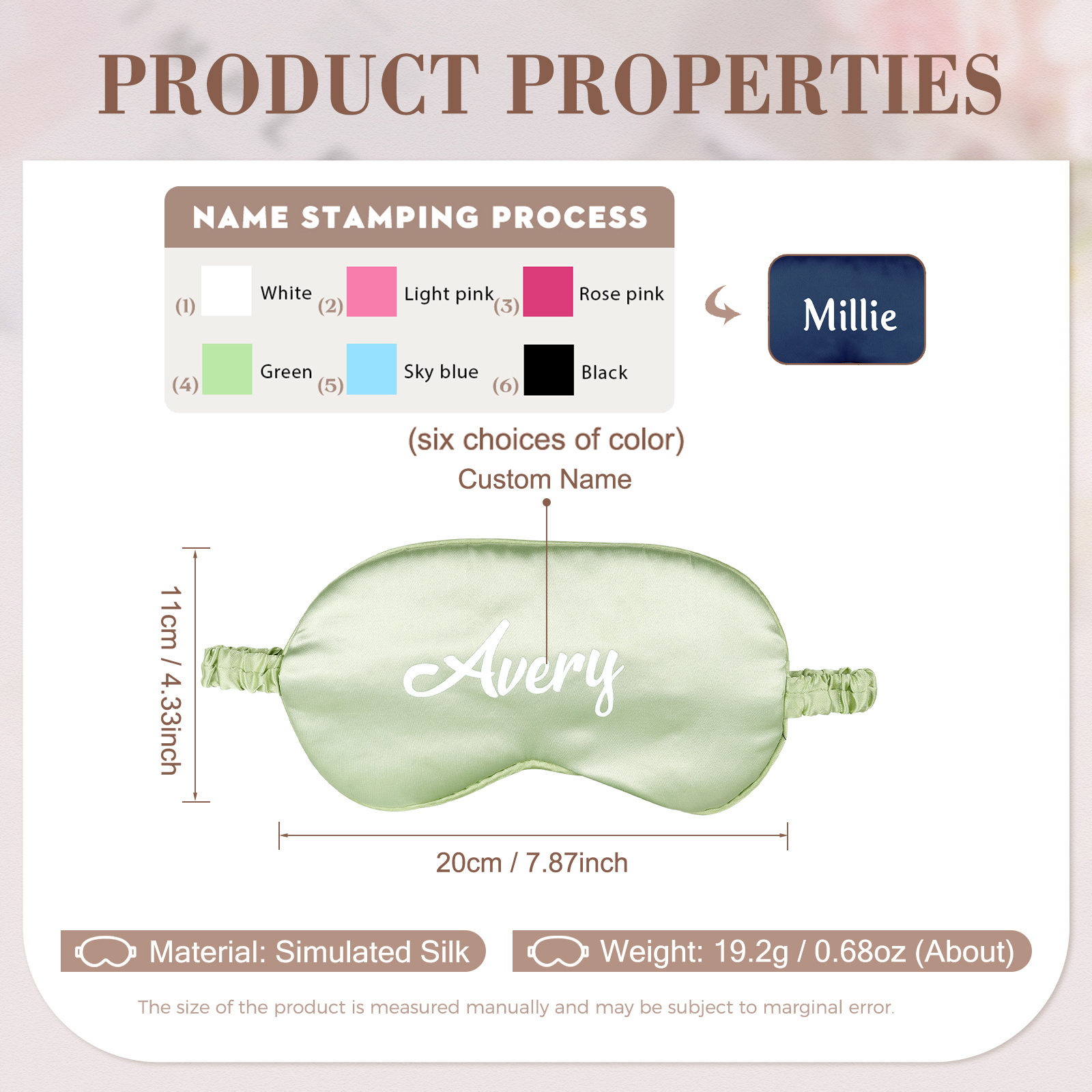 Personalised Light Pink Silk Sleep Mask Elegant Custom Name Eye Mask Six Colour Gift for Her