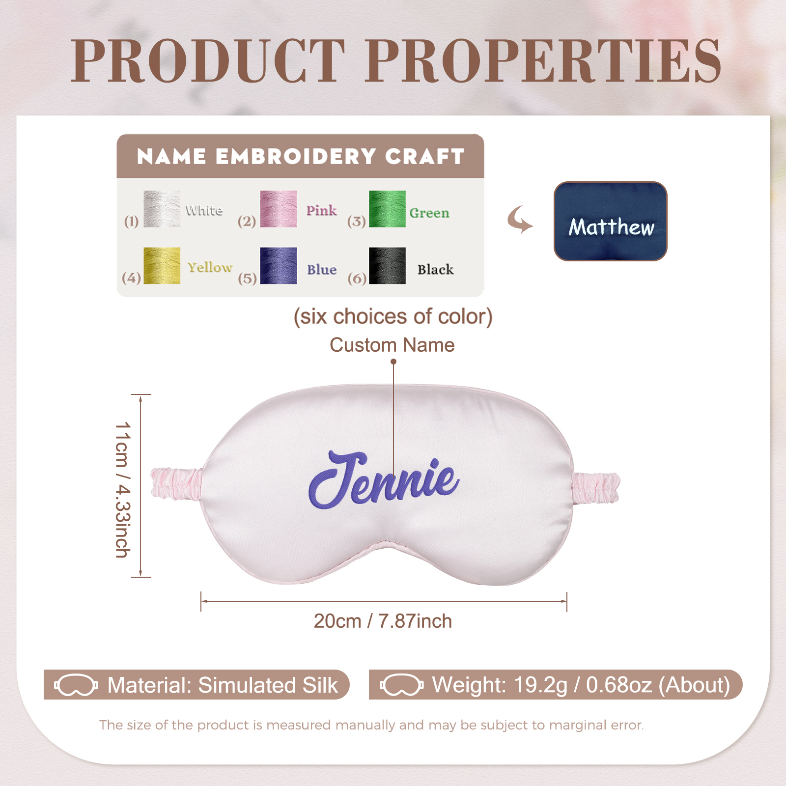 Personalised Light Pink Silk Sleep Mask Elegant Custom Name Eye Mask Six Colour Gift for Her