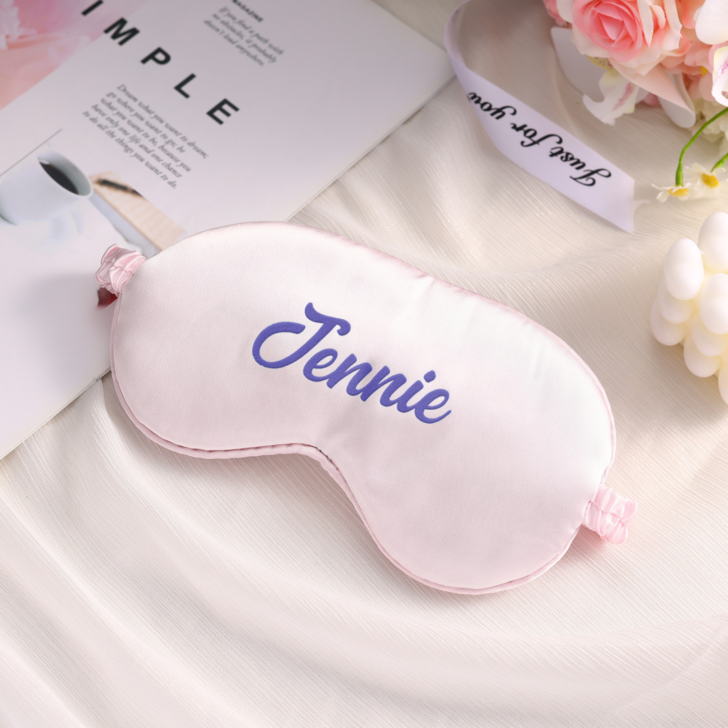 Personalised Light Pink Silk Sleep Mask Elegant Custom Name Eye Mask Six Colour Gift for Her