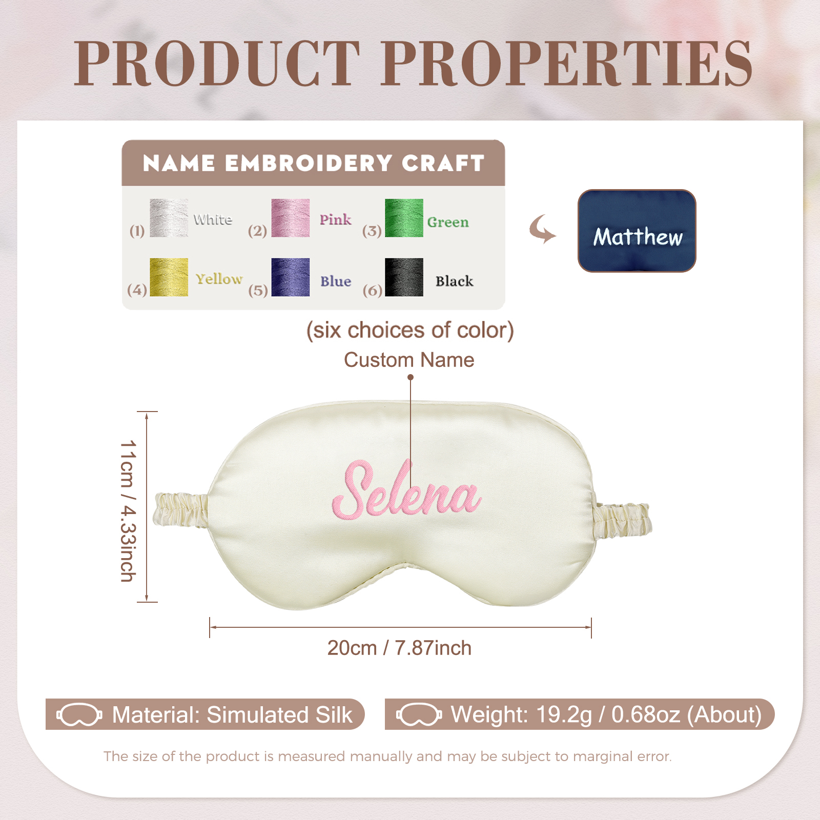 Personalised Light Pink Silk Sleep Mask Elegant Custom Name Eye Mask Six Colour Gift for Her