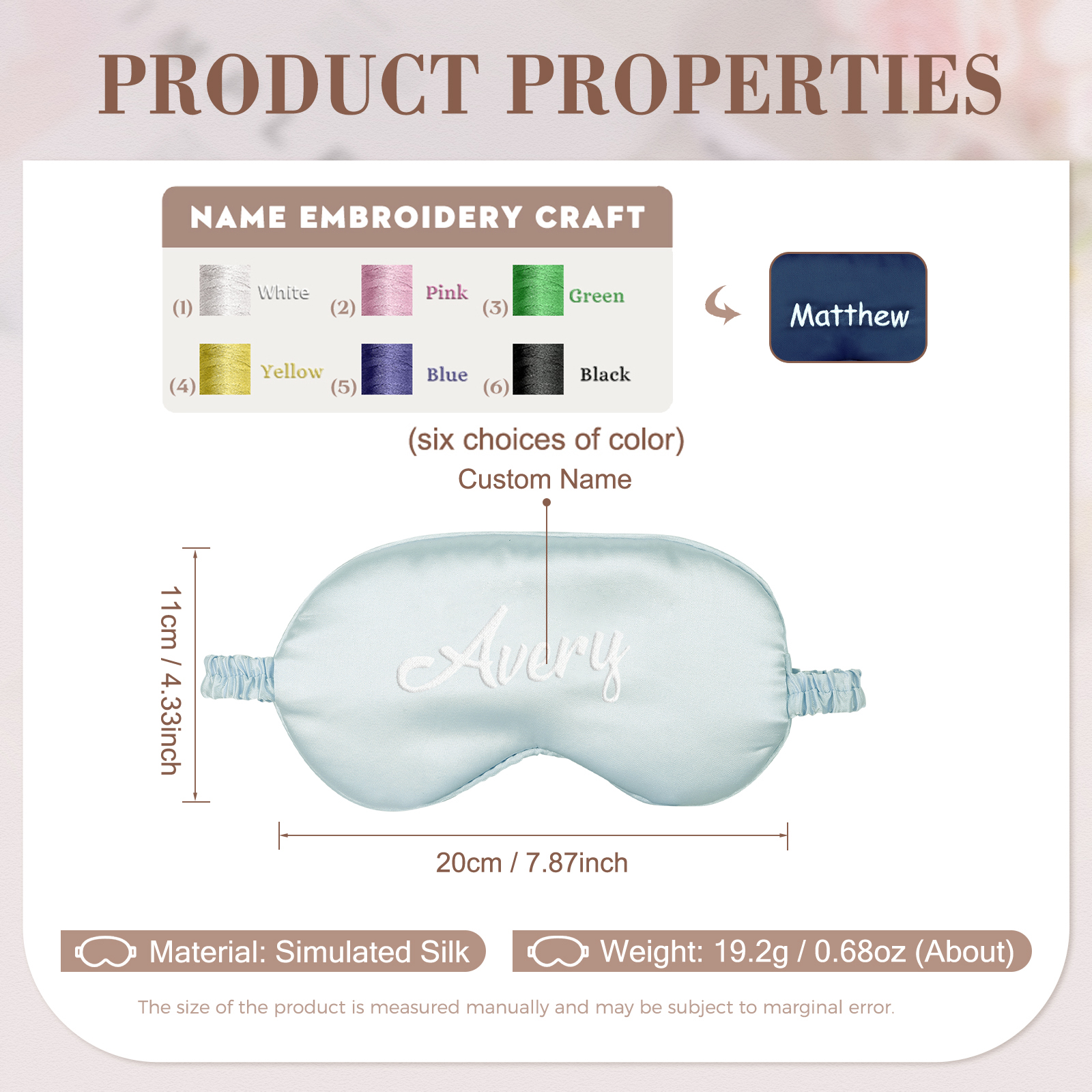 Personalised Light Pink Silk Sleep Mask Elegant Custom Name Eye Mask Six Colour Gift for Her