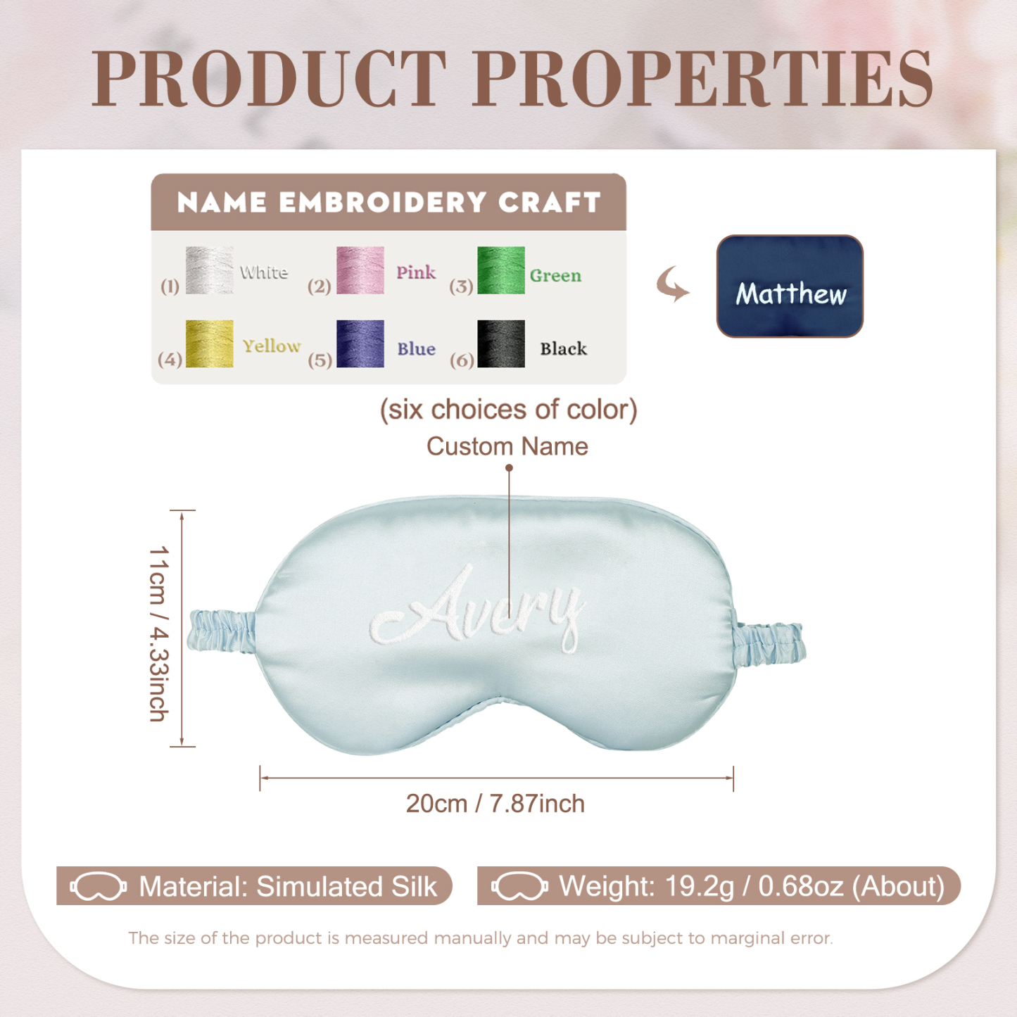 Personalised Light Pink Silk Sleep Mask Elegant Custom Name Eye Mask Six Colour Gift for Her