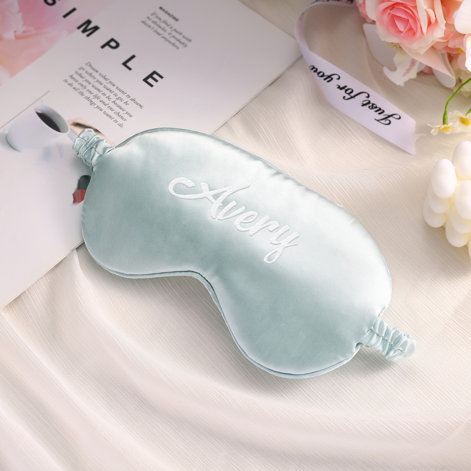 Personalised Light Pink Silk Sleep Mask Elegant Custom Name Eye Mask Six Colour Gift for Her