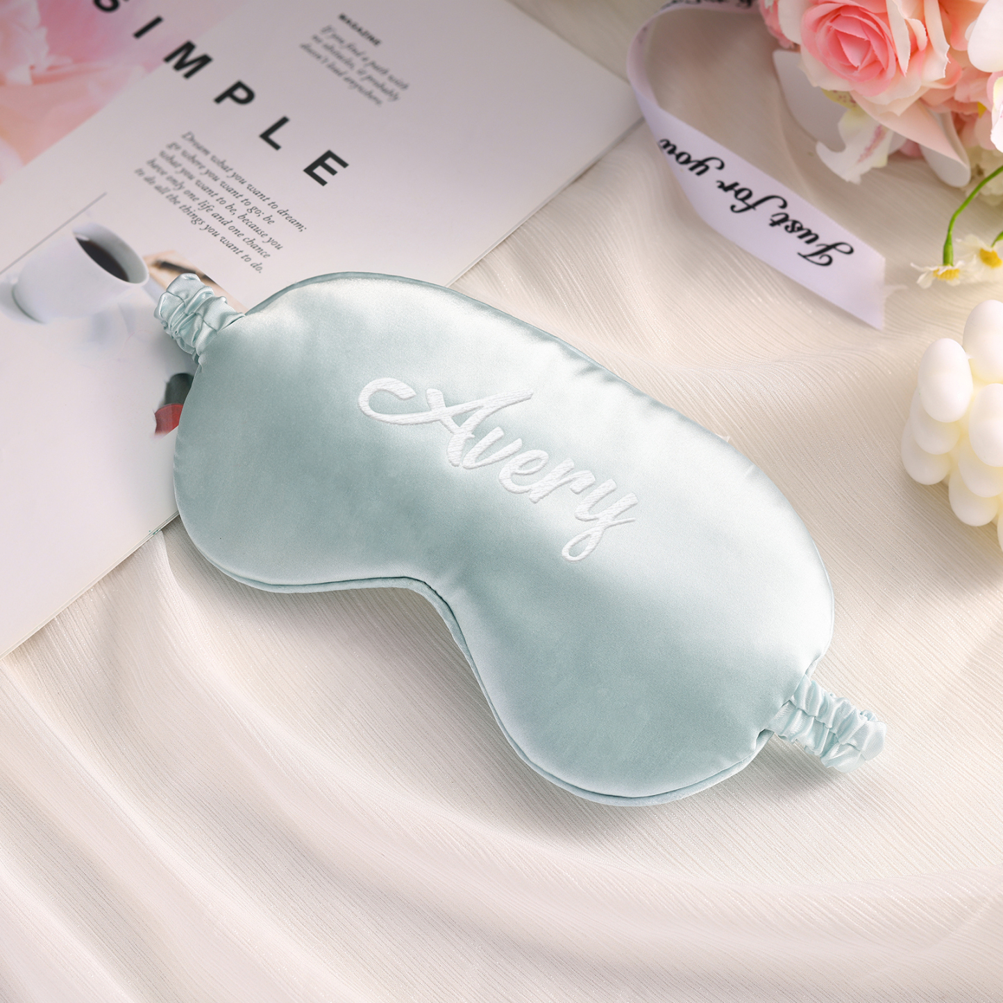 Personalised Light Pink Silk Sleep Mask Elegant Custom Name Eye Mask Six Colour Gift for Her