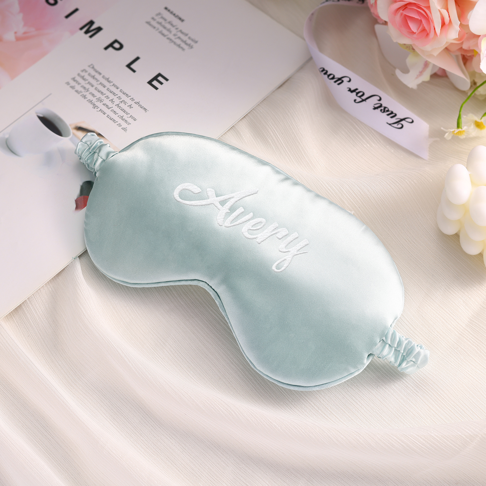 Personalised Light Pink Silk Sleep Mask Elegant Custom Name Eye Mask Six Colour Gift for Her