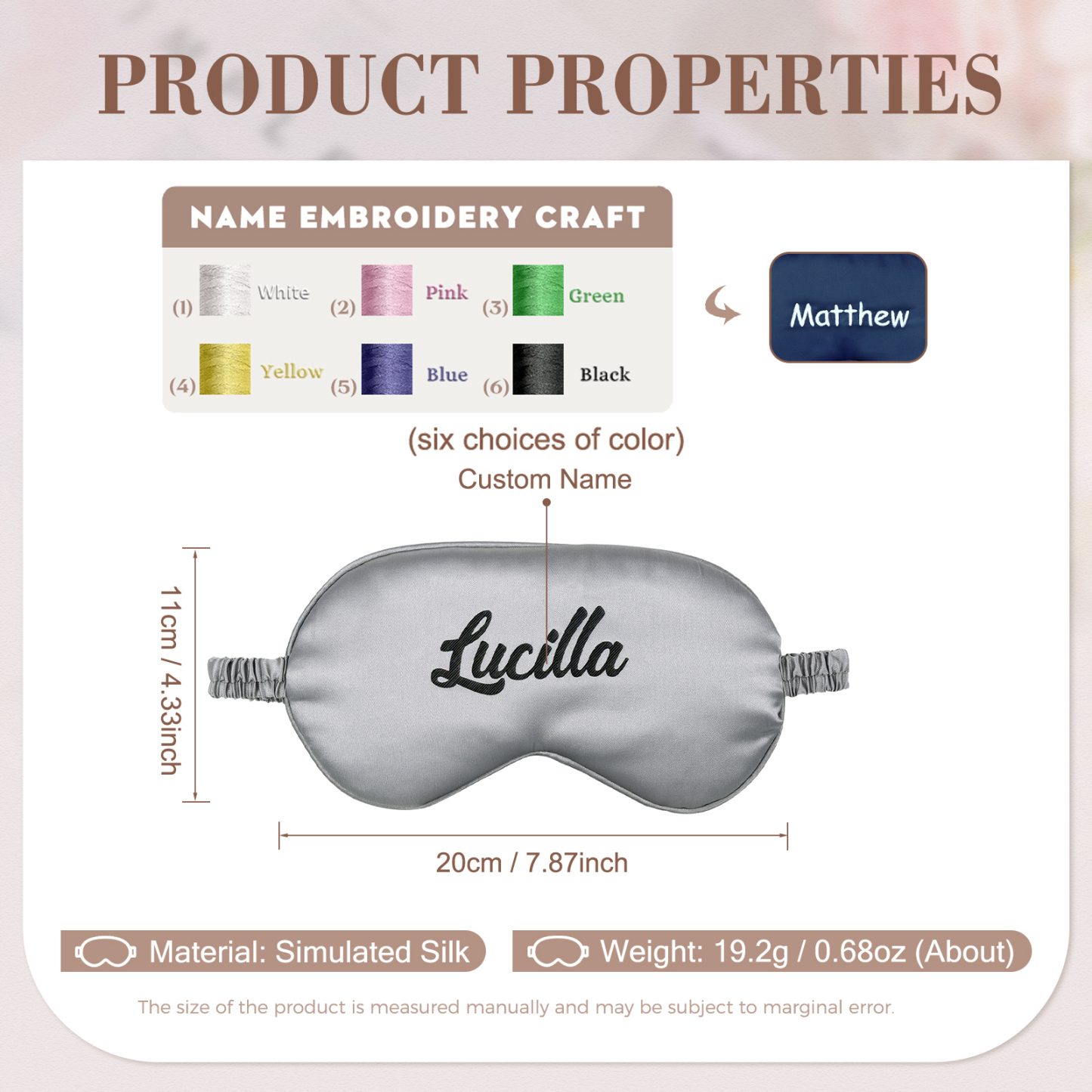 Personalised Light Pink Silk Sleep Mask Elegant Custom Name Eye Mask Six Colour Gift for Her