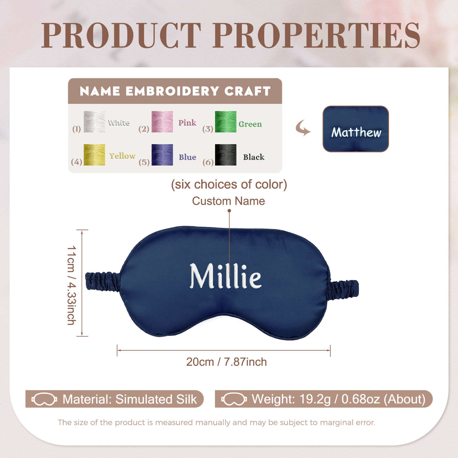 Personalised Light Pink Silk Sleep Mask Elegant Custom Name Eye Mask Six Colour Gift for Her