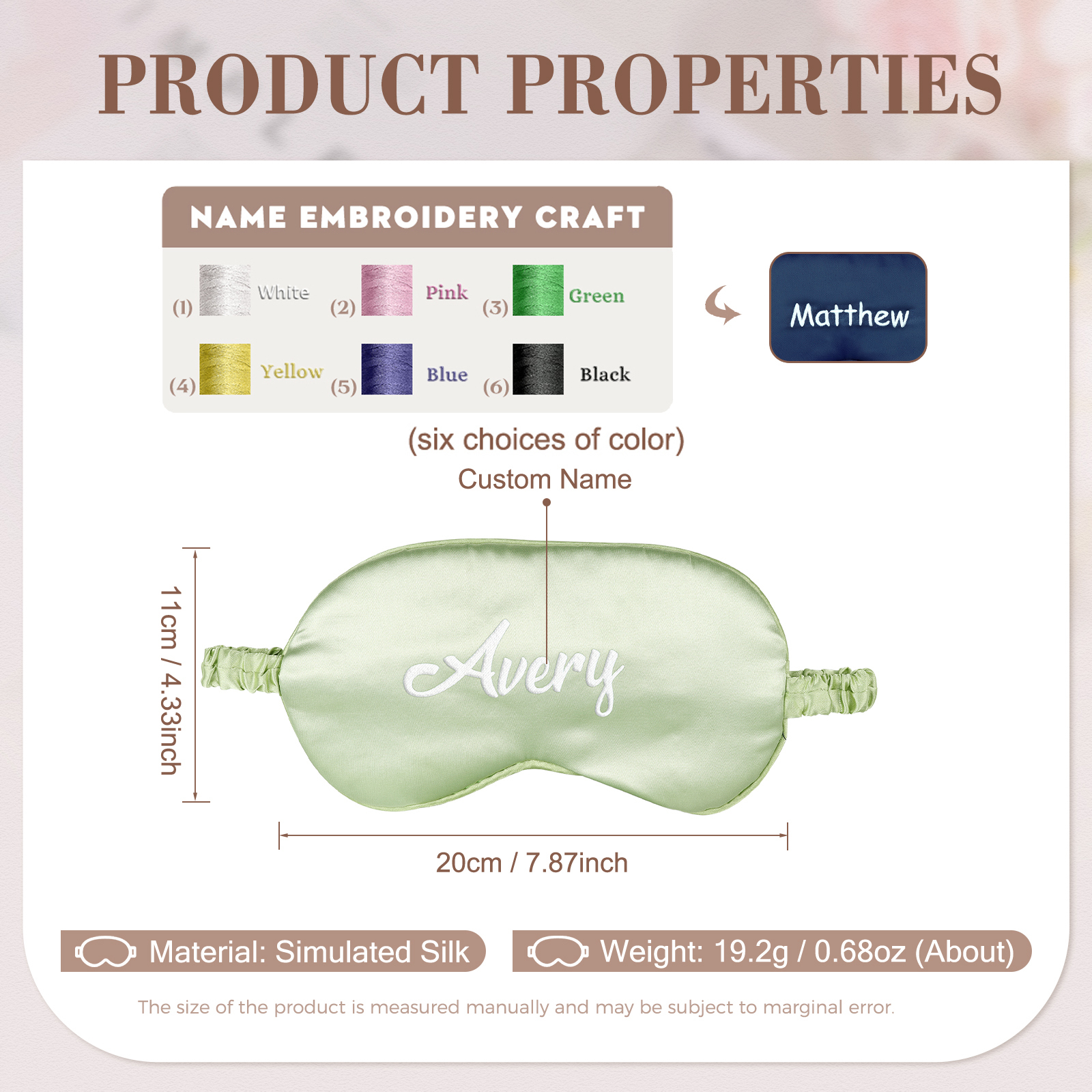 Personalised Light Pink Silk Sleep Mask Elegant Custom Name Eye Mask Six Colour Gift for Her