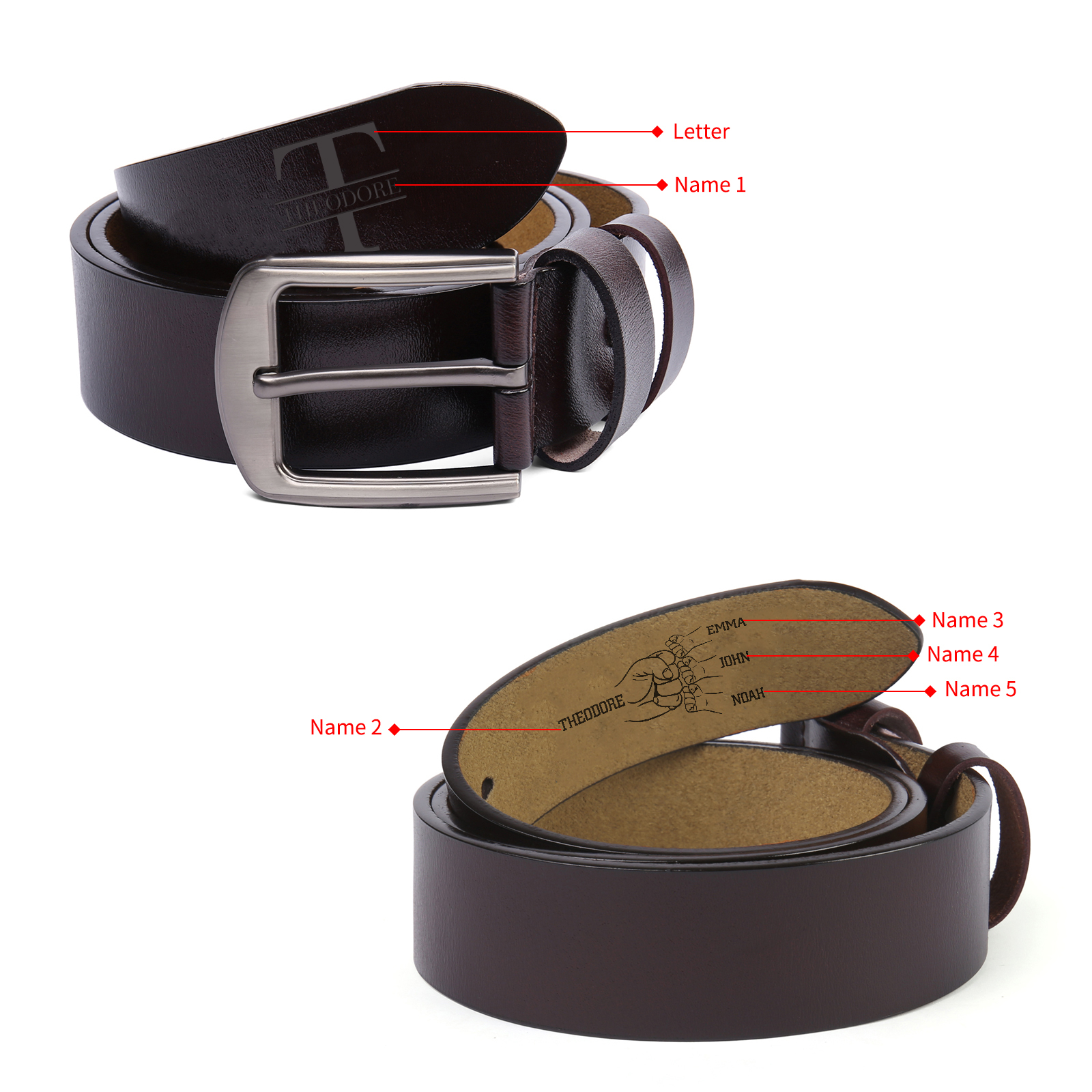 Personalised Men's Belt Custom 3-7 Names Engraved Leather Belt with Names Thoughtful Gift for Dad | Jessemade