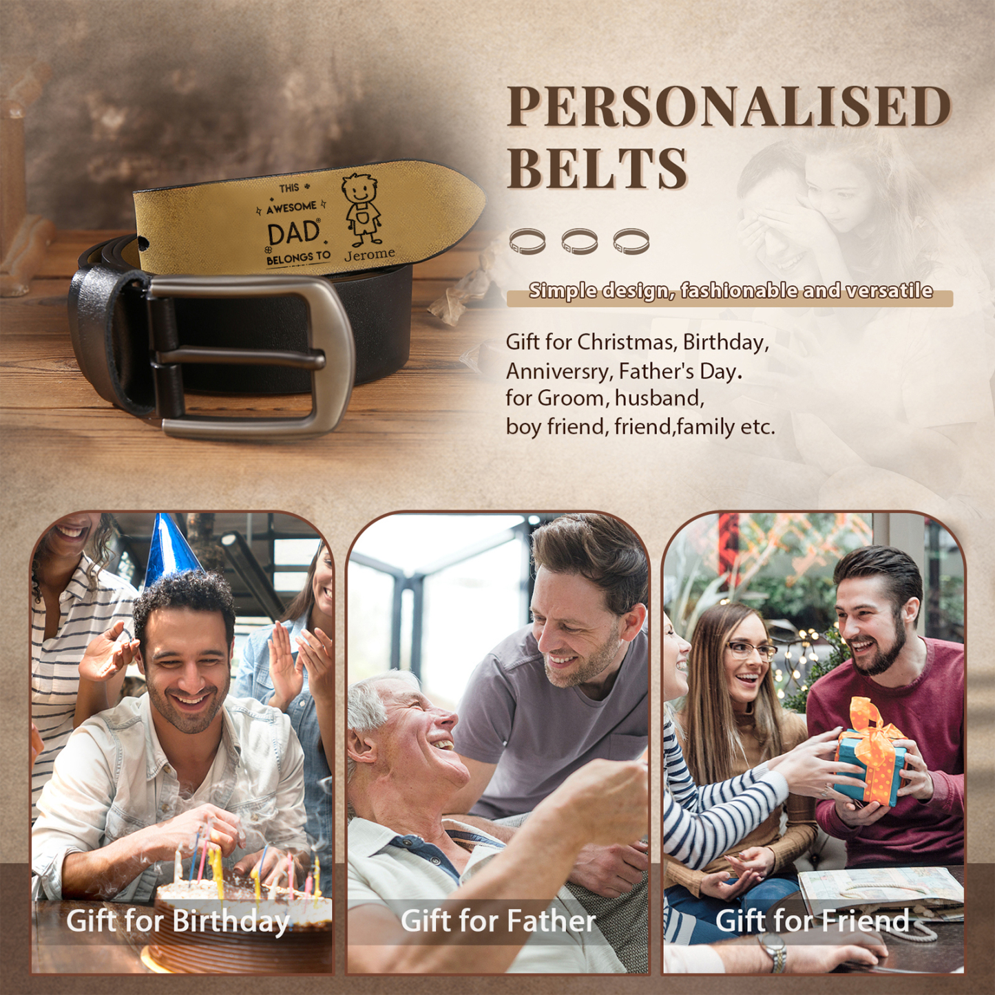 Personalised Belt with 1-6 Custom Names Engraved Men's Leather Belt – Father’s Day Gift | Jessemade