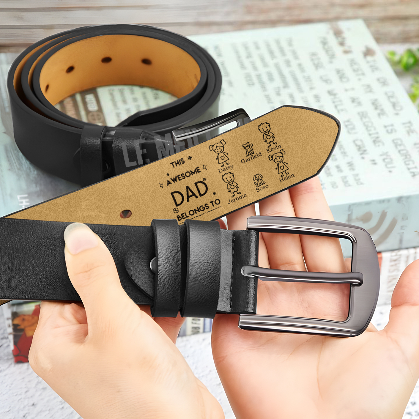 Personalised Belt with 1-6 Custom Names Engraved Men's Leather Belt – Father’s Day Gift | Jessemade
