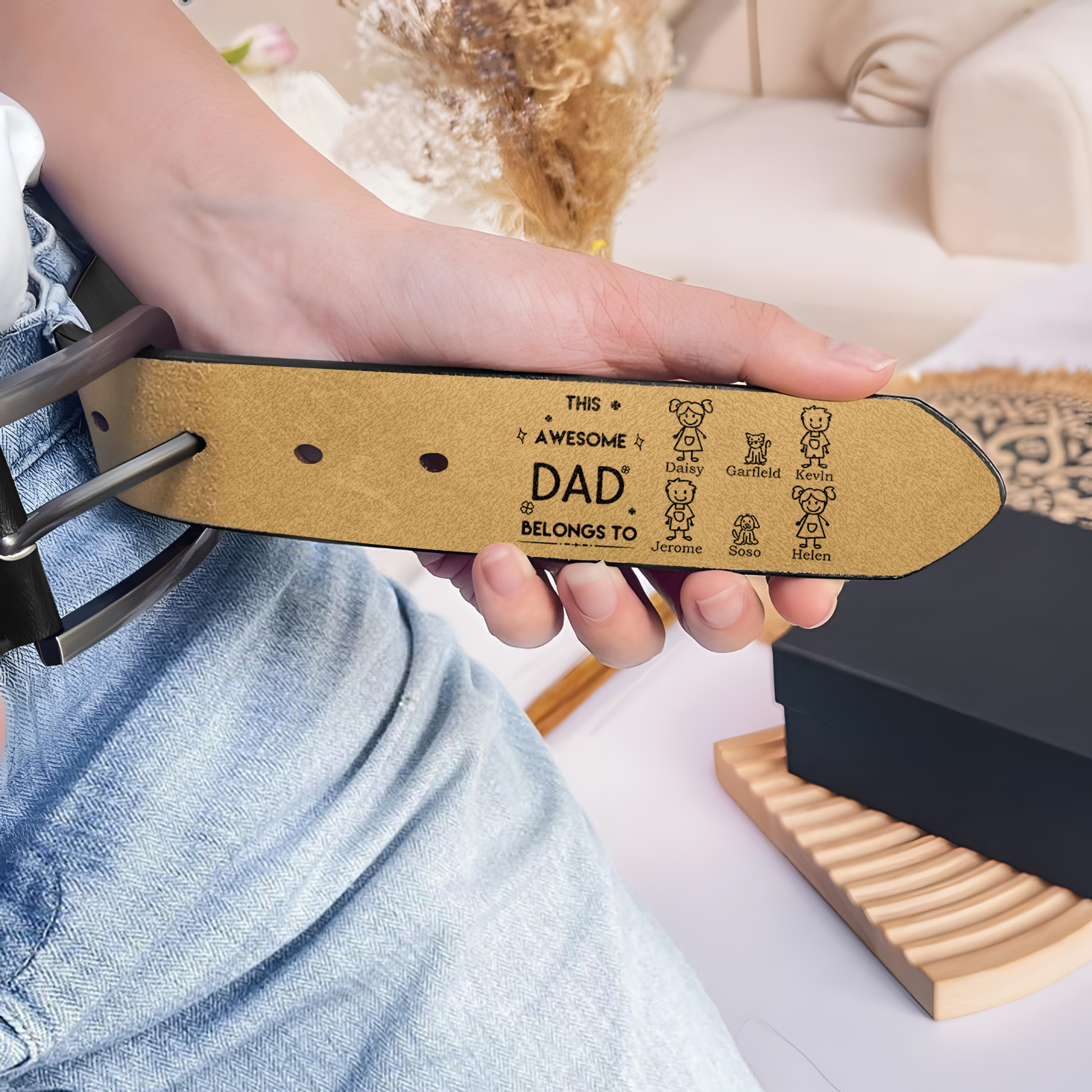 Personalised Belt with 1-6 Custom Names Engraved Men's Leather Belt – Father’s Day Gift | Jessemade