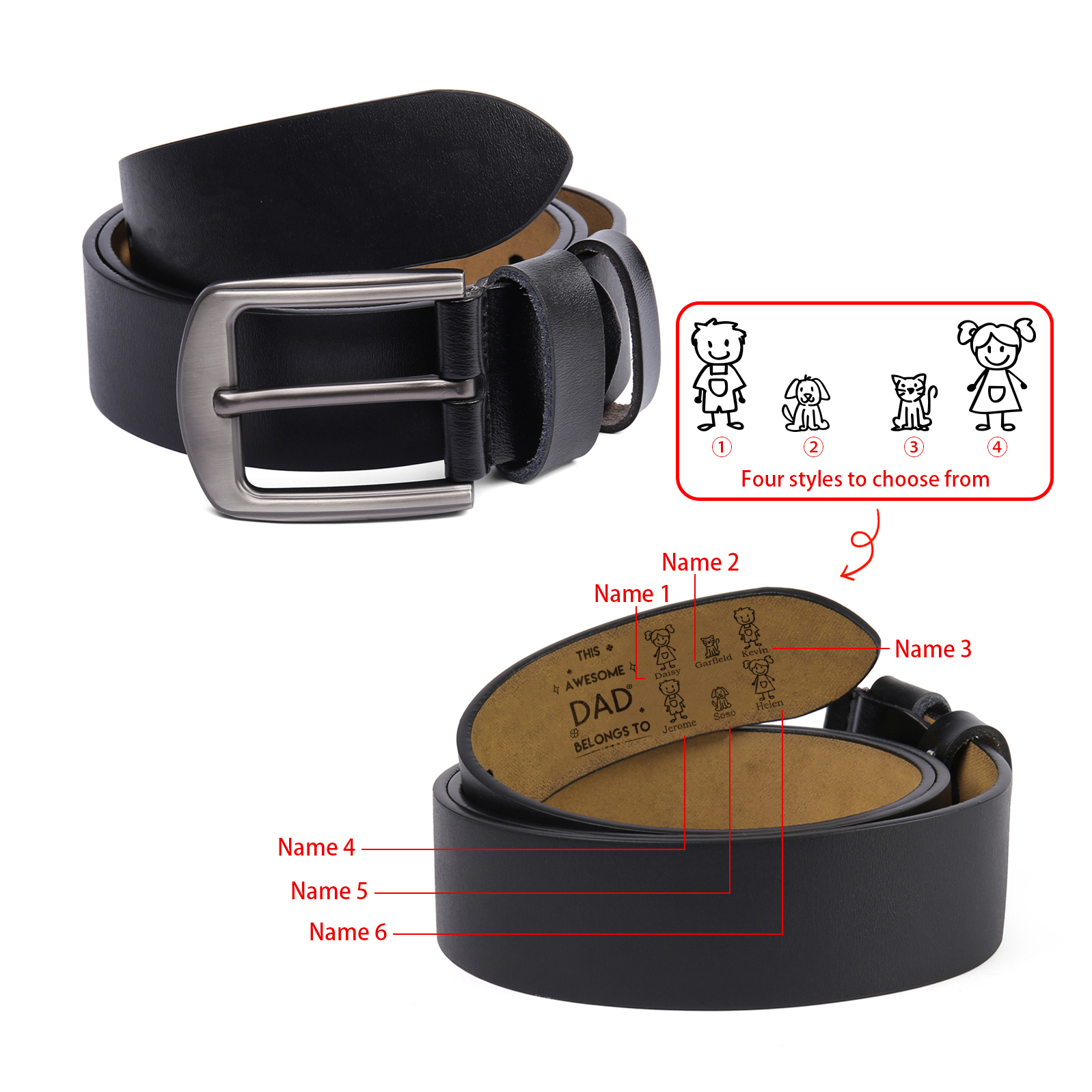Personalised Belt with 1-6 Custom Names Engraved Men's Leather Belt – Father’s Day Gift | Jessemade