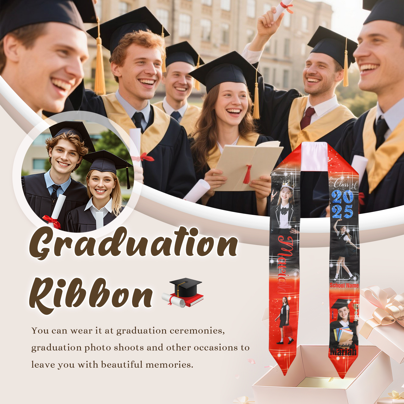 Personalised Graduation Photo Ribbon with Name, Year & Text | Jessemade