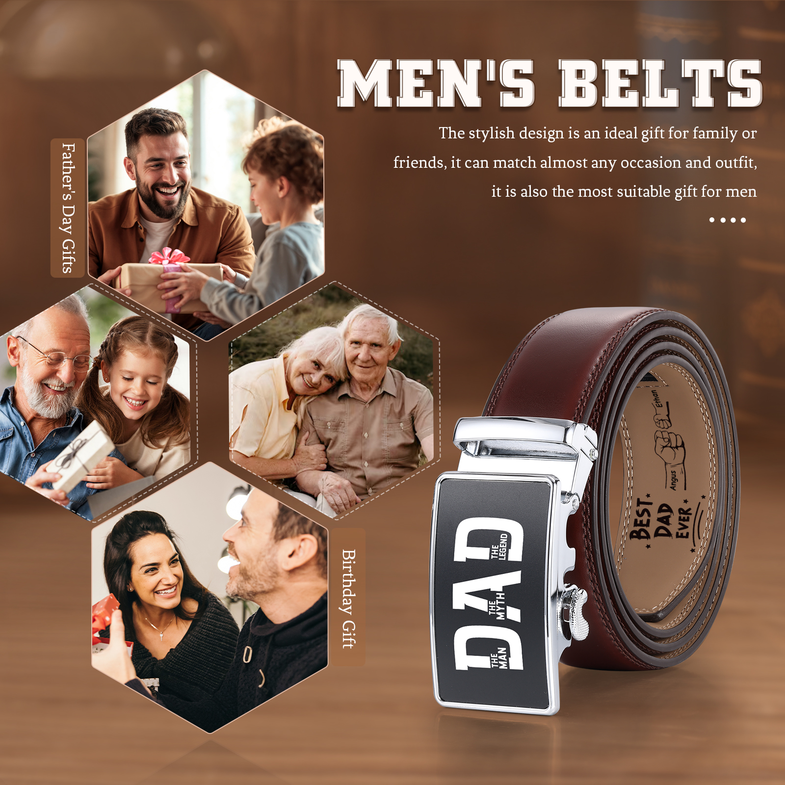 Personalised Belt Custom 2-6 Names and Engraved Fist Bump Engraved Leather Belt Thoughtful Gift for Dad | Jessemade