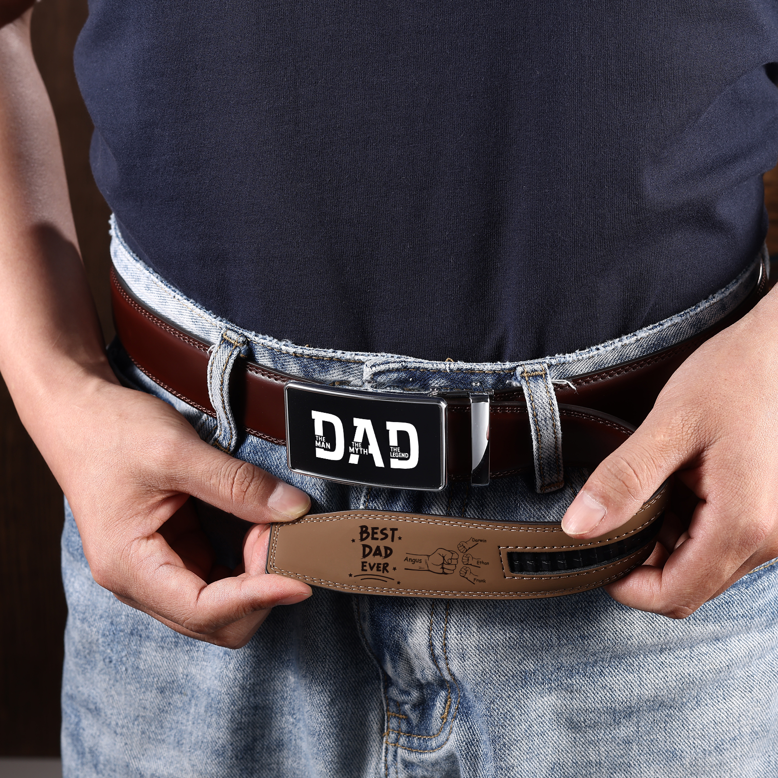 Personalised Belt Custom 2-6 Names and Engraved Fist Bump Engraved Leather Belt Thoughtful Gift for Dad | Jessemade