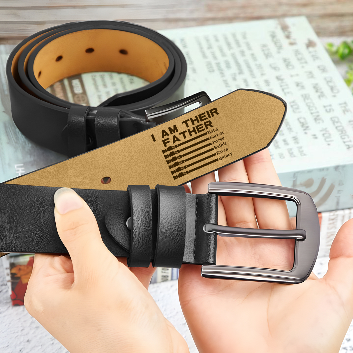 Personalised 6 Names Adjustable Leather Belt, Custom Father's Day Gift  | Jessemade