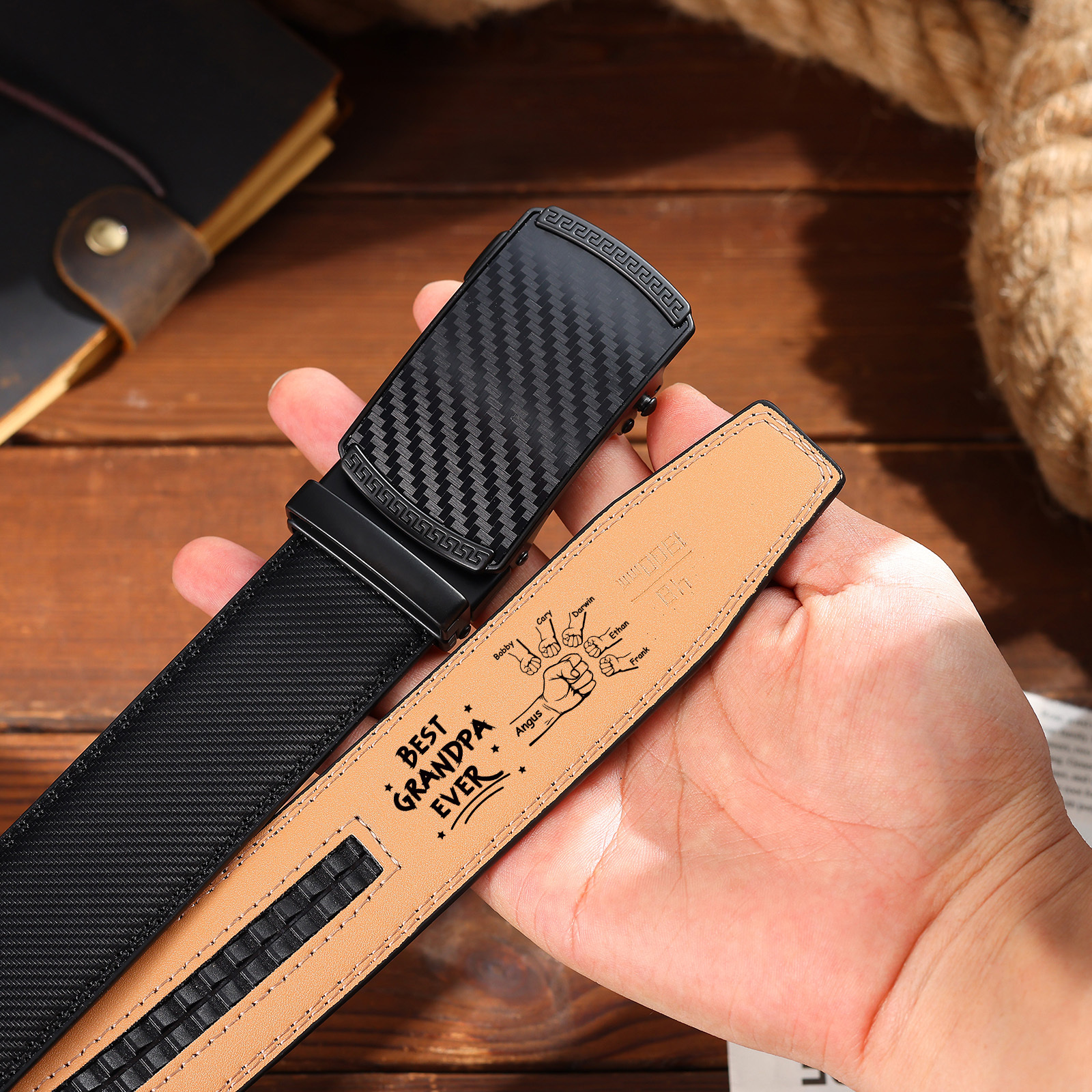 To my Grandpa - Personalised Belt with 2-6 Names and Black Fists Practical Gift for Grandfather's Day | Jessemade