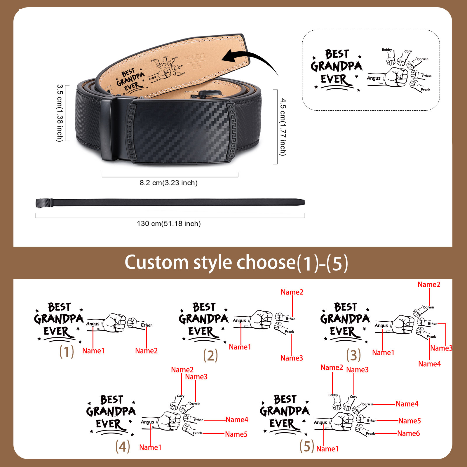 To my Grandpa - Personalised Belt with 2-6 Names and Black Fists Practical Gift for Grandfather's Day | Jessemade