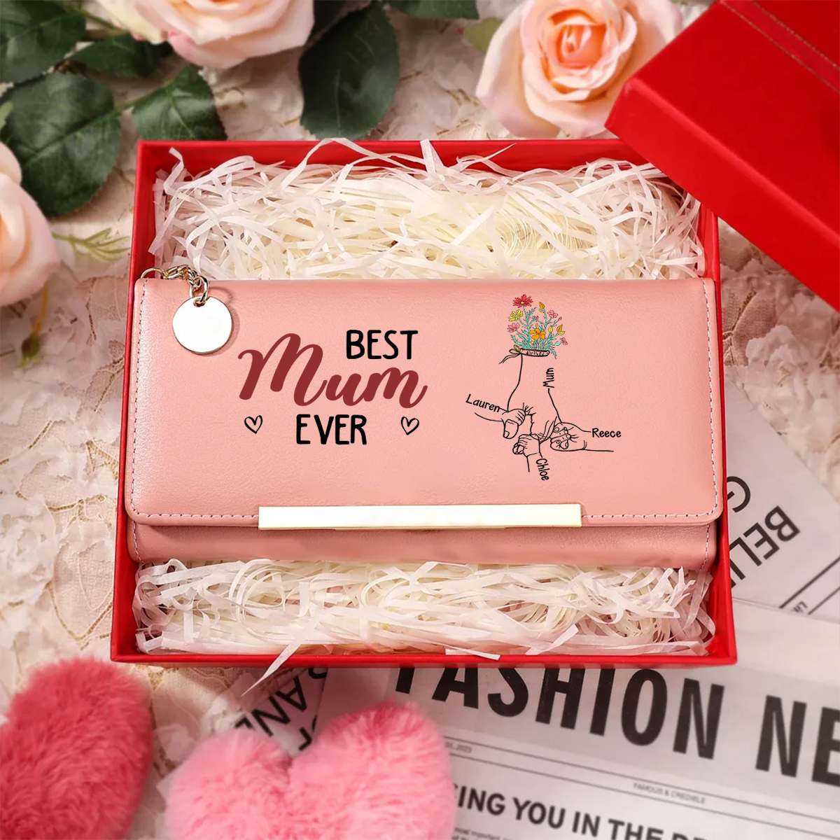 Personalised Women's Wallet with 'Hand in Hand' Floral Motif – Best Mum/Grandma Ever