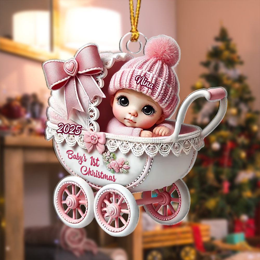 Personalised Pink Pram Baby's 1st Christmas Tree Decoration