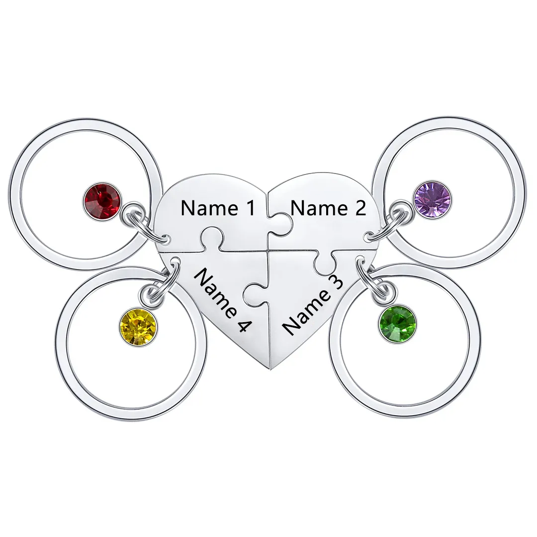 Personalised 4 Names Heart Puzzle Keychain with Birthstones Gifts for Family