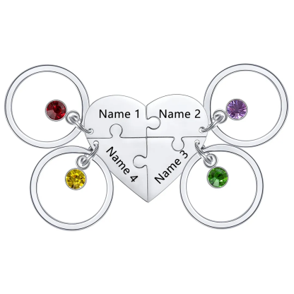 Personalised 4 Names Heart Puzzle Keychain with Birthstones Gifts for Family